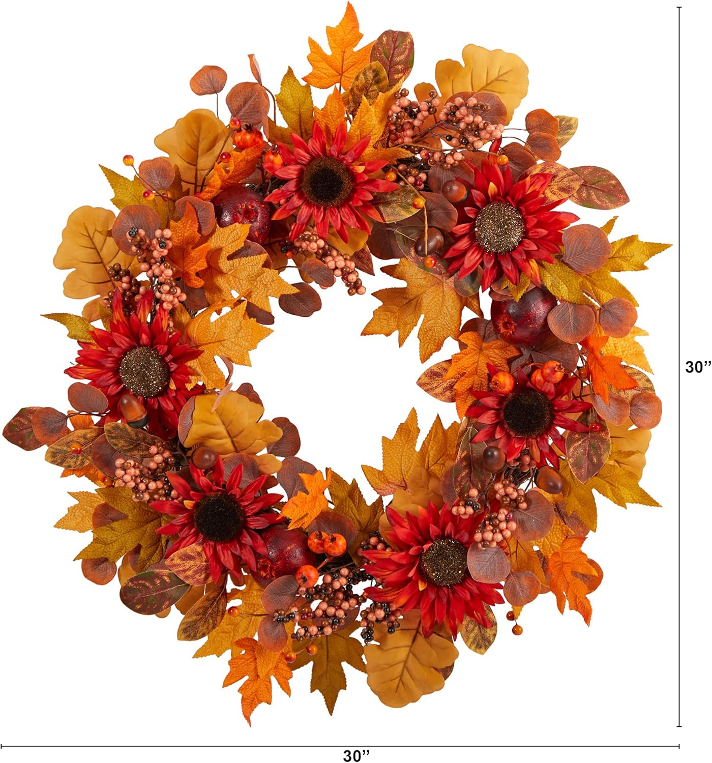 Nearly Natural 30in Fall Wreath with Acorns Sunflowers Berries