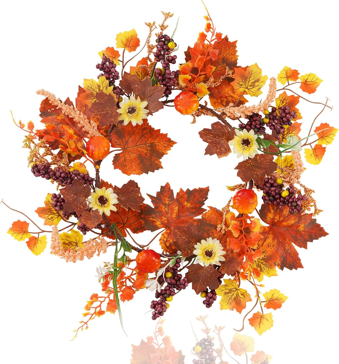 Fall Wreath for Front Door Artificial Autumn Maple Leaf Wreath with Pumpkins Berries 14 Inch Decor
