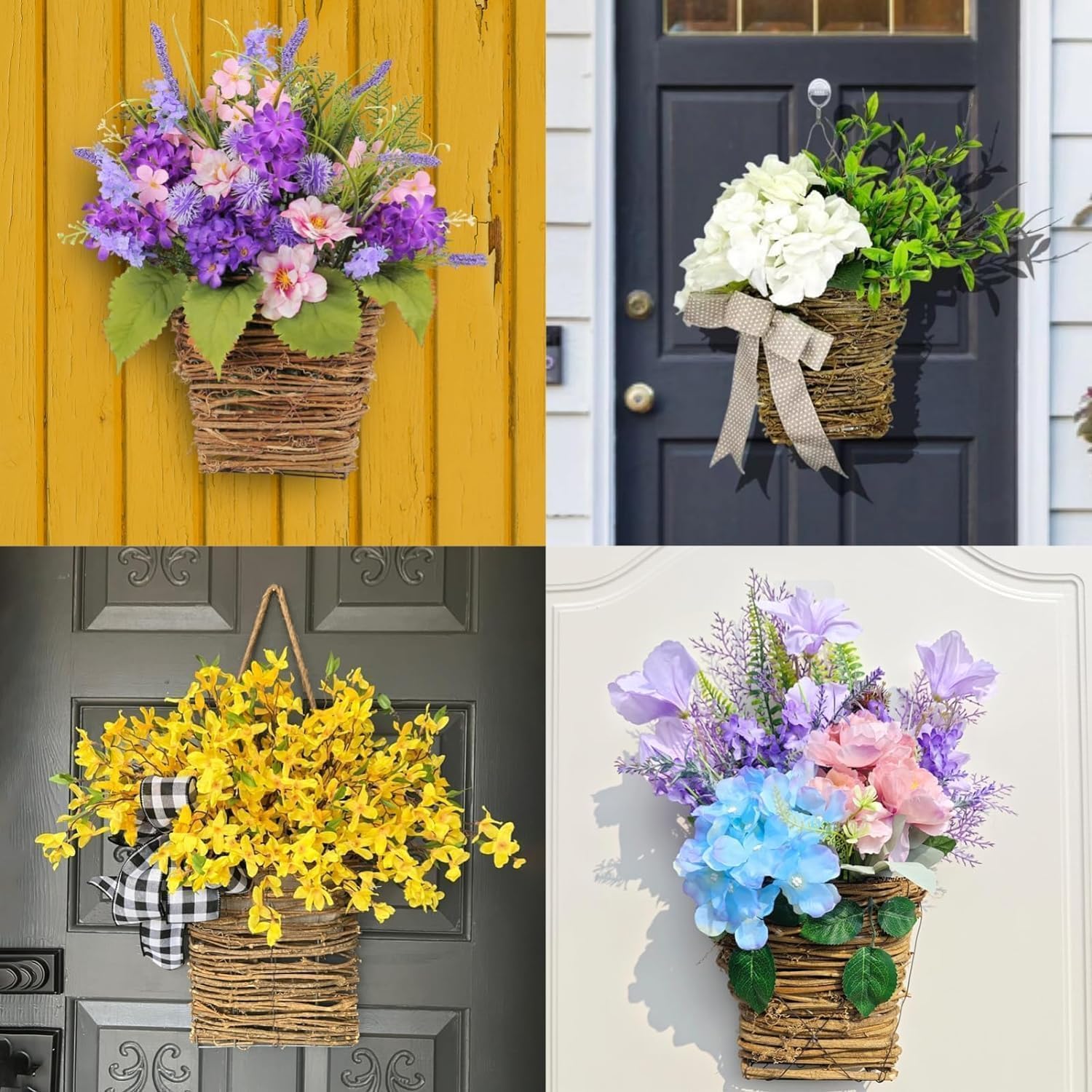 Cream Hydrangea Door Wreath with Rattan Basket and Burlap Bow