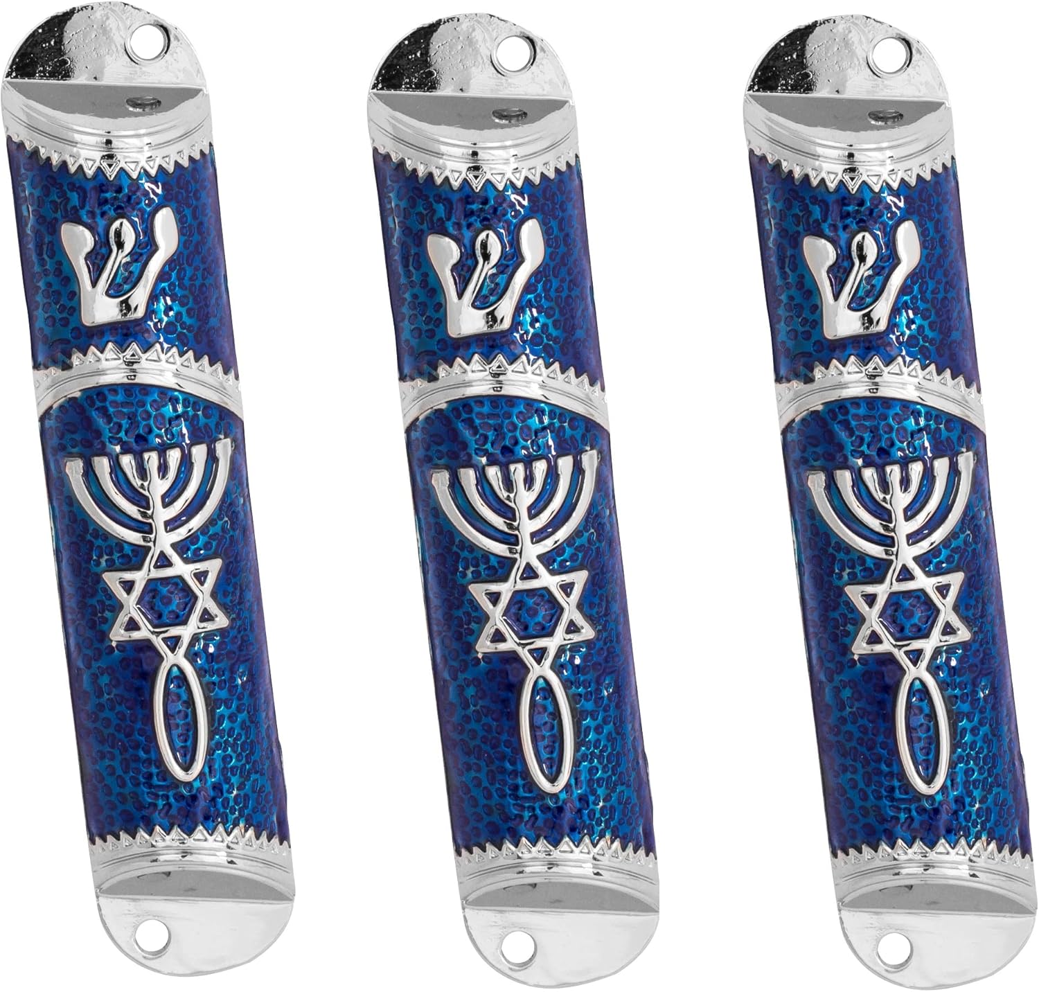 Set of 3 Enamel Door Mezuzah Scroll Cases with Messianic Symbols in Blue and Silver