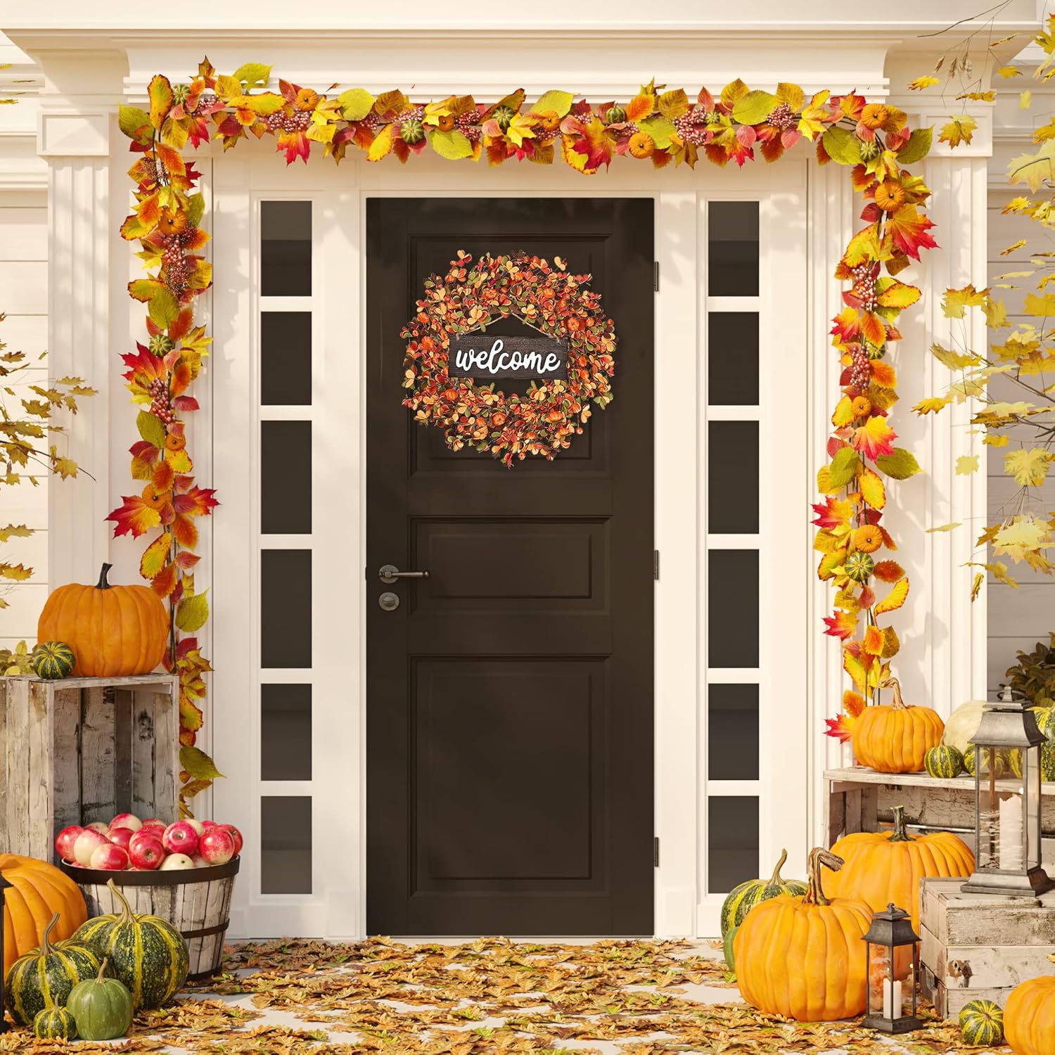 Sggvecsy 20 Inch Fall Wreath with Pumpkin and Leaves Orange