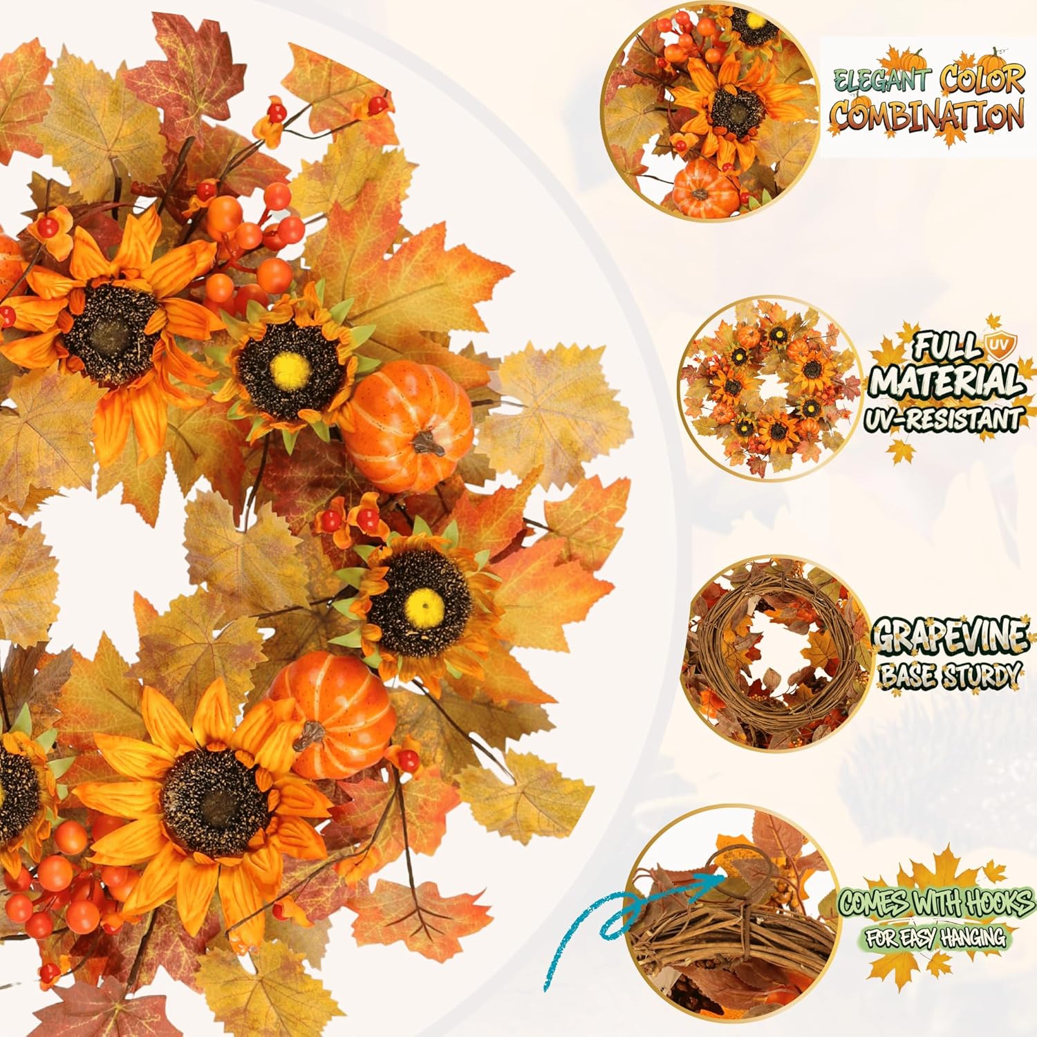Zhemobang 22 Inch Fall Wreath with Sunflowers and Pumpkins