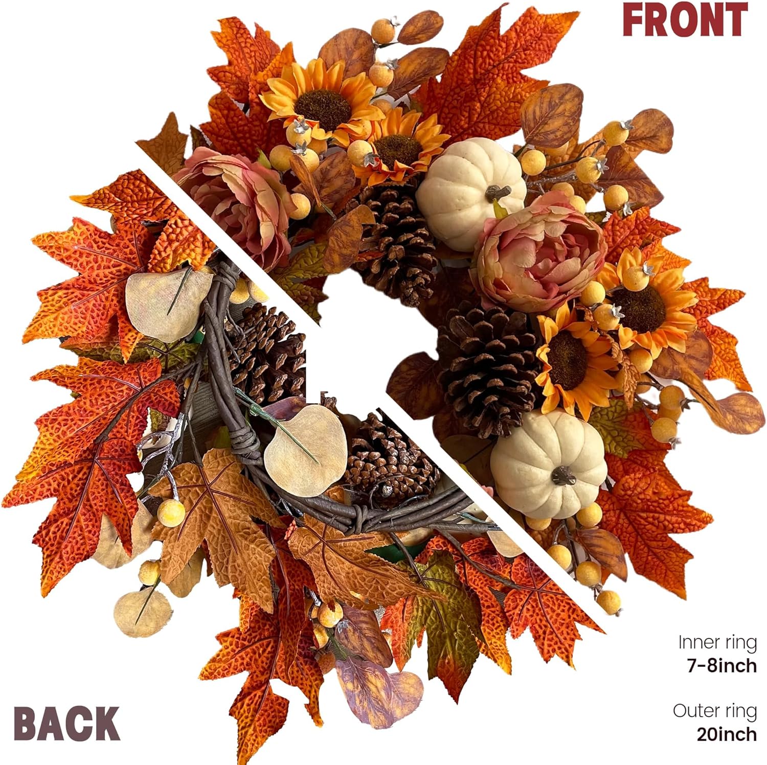 18 Inch Fall Wreath for Front Door Autumn Decor