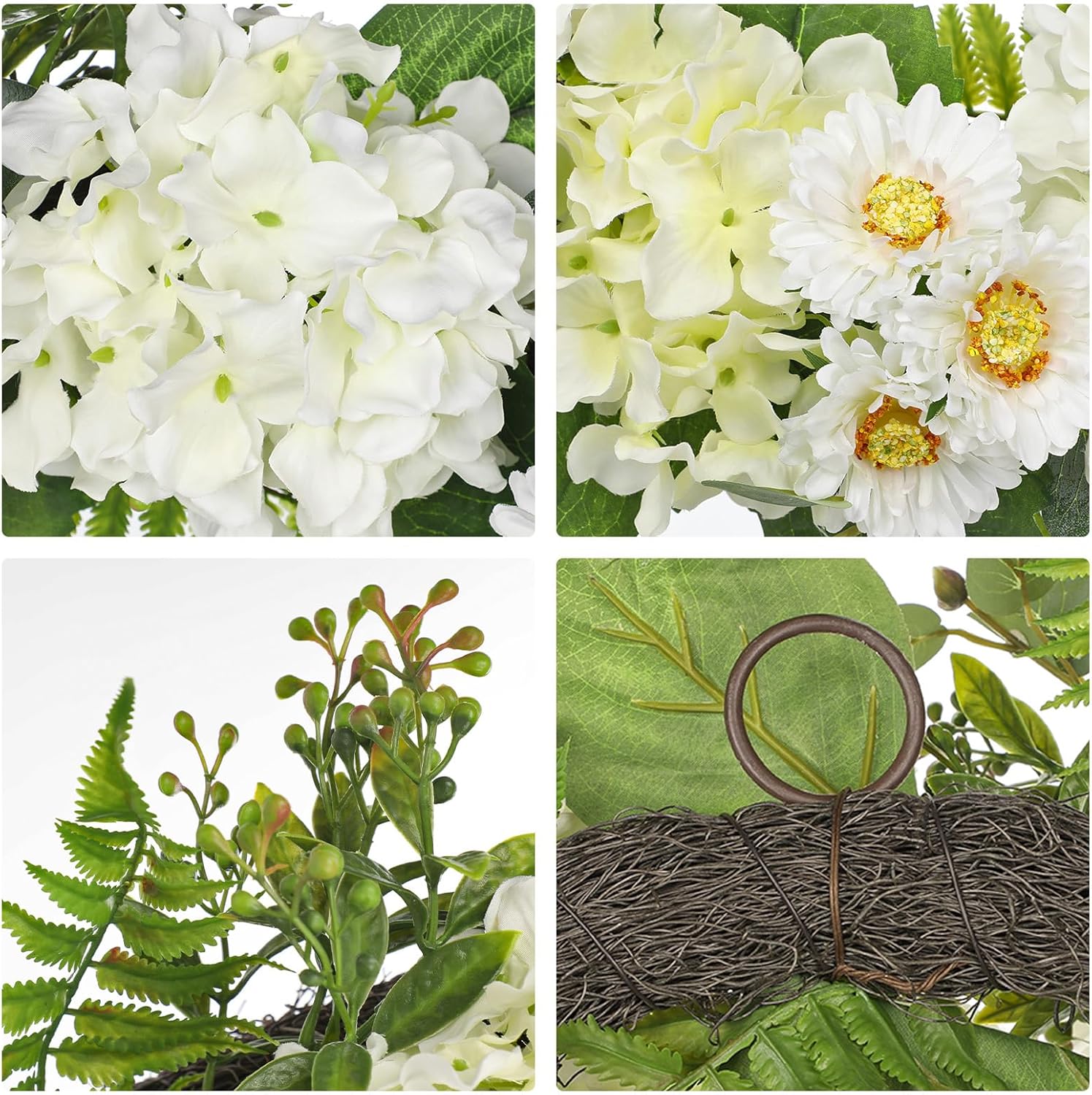Briful 24 Inch Spring Wreath Realistic White Hydrangea Artificial Decor