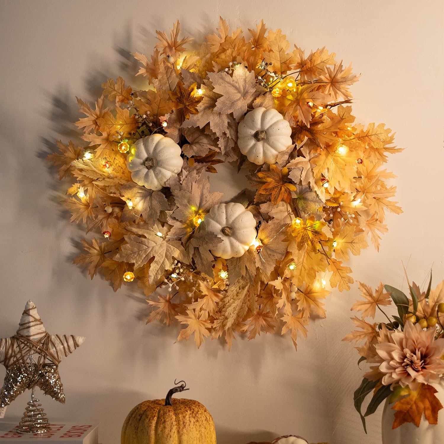 26 Inch Fall Wreath with Lights for Front Door