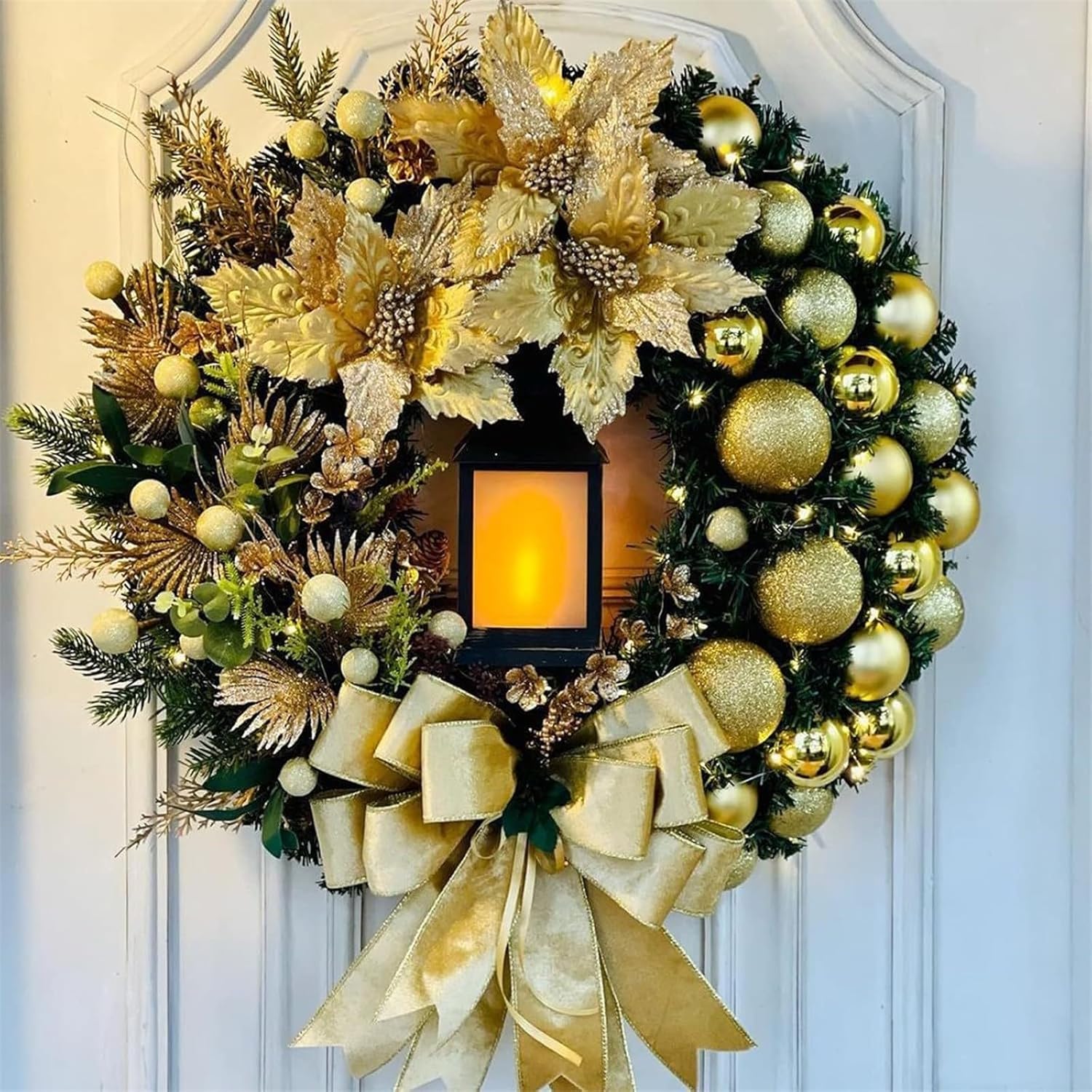 Christmas Wreath with LED Light Yellow Bow Decor