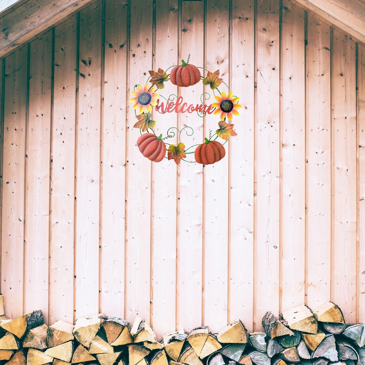 YUMBOR Metal Fall Pumpkin Welcome Wreath Front Door Decor