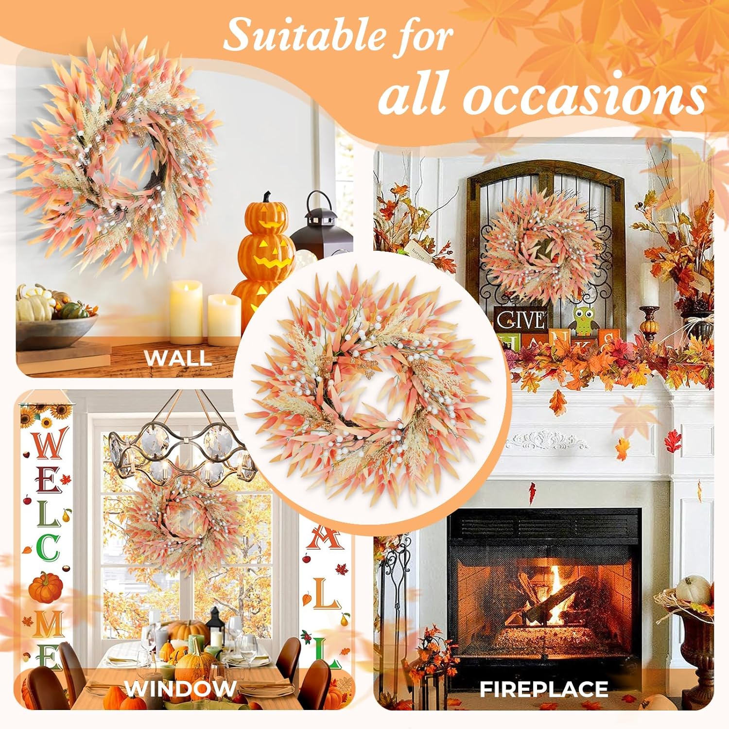 Fall Wreaths for Front Door with Leaves Decor