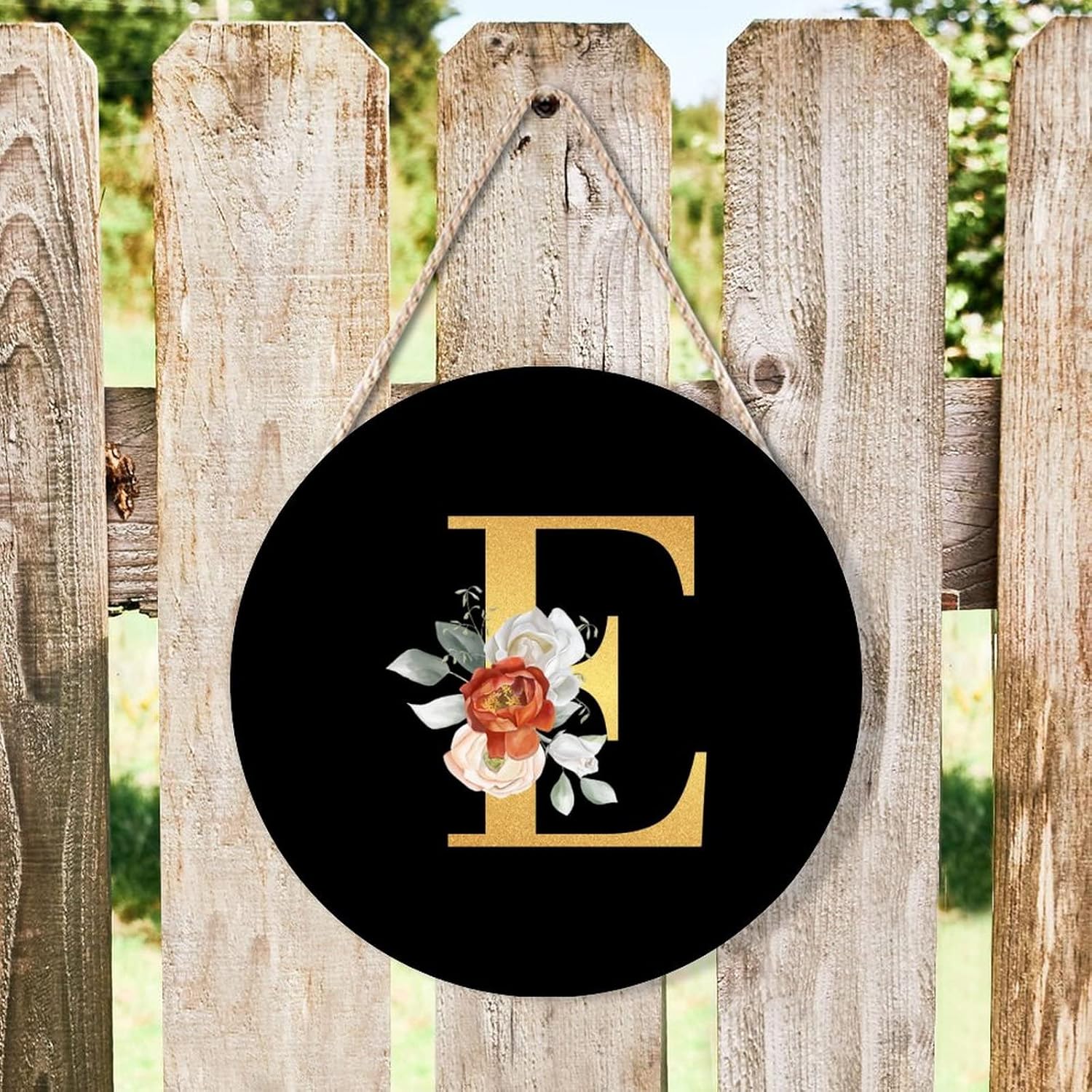 Farmhouse Front Door Hanger Rose Gold Initial Letter E Wood Sign