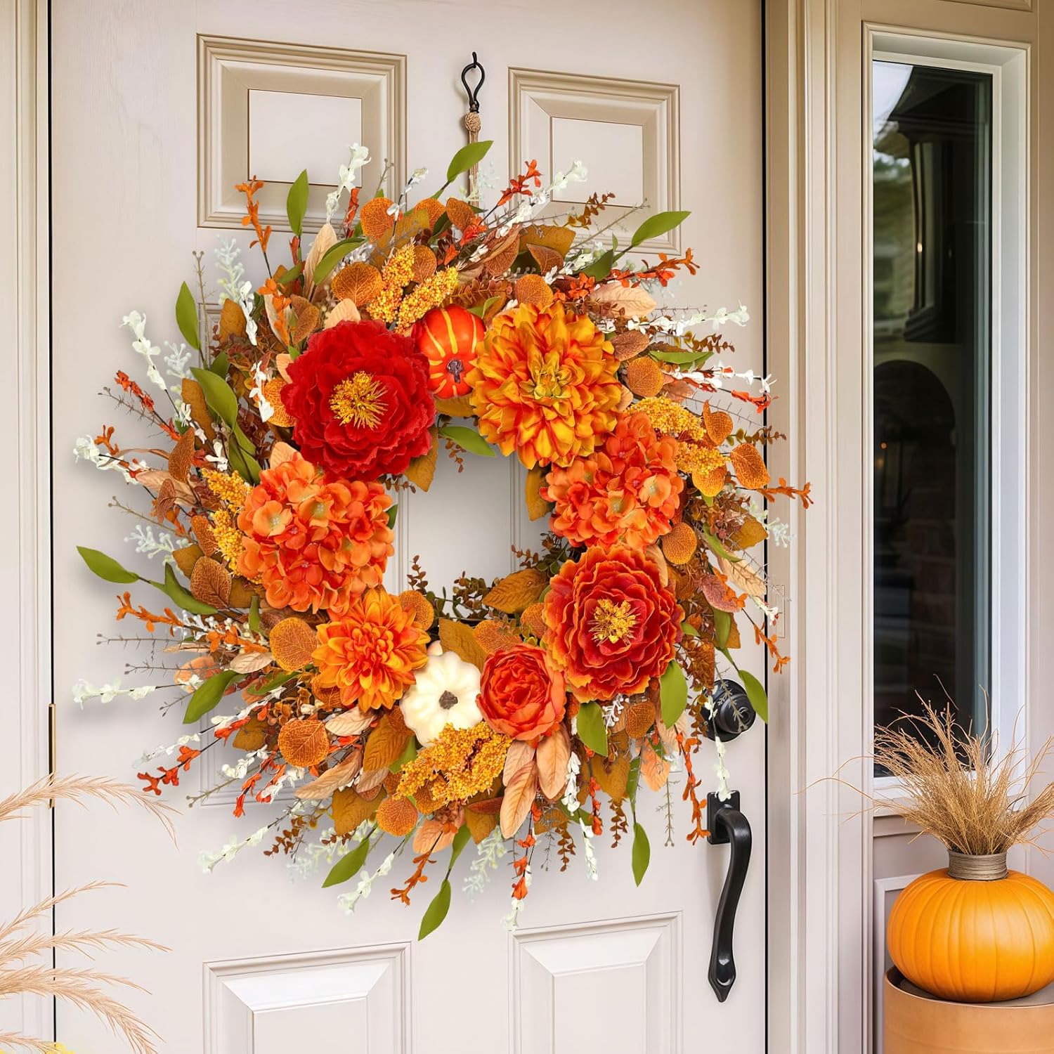 ICX 24-26 Inch Fall Wreath with Pumpkin Peonies Hydrangea