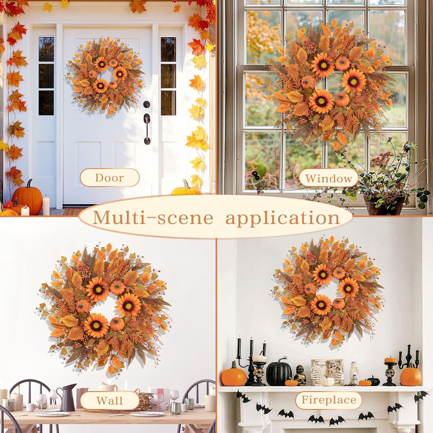 24 Inch Fall Wreath with Sunflowers and Pumpkins