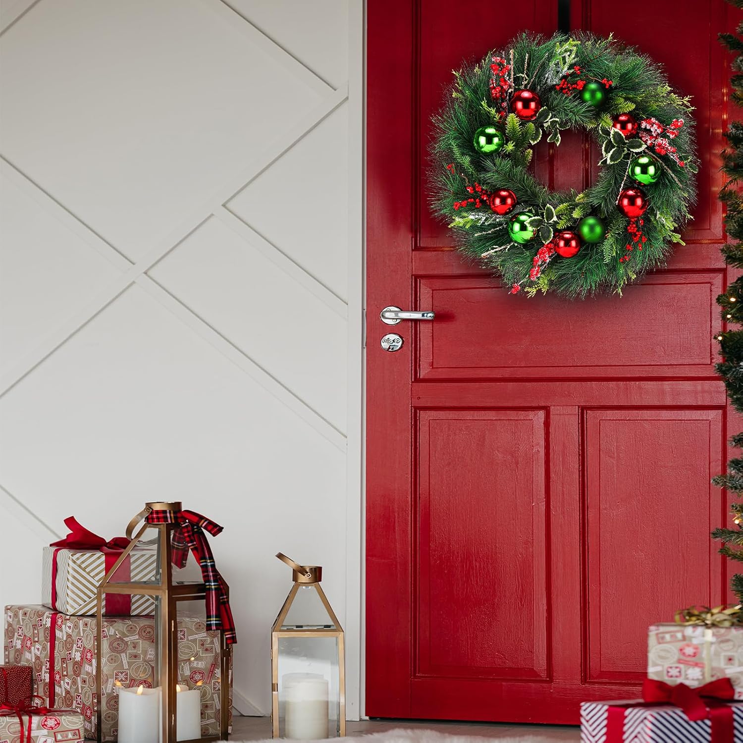 Christmas Wreath 24 Inch Artificial Green and Red Wreath with Hanger
