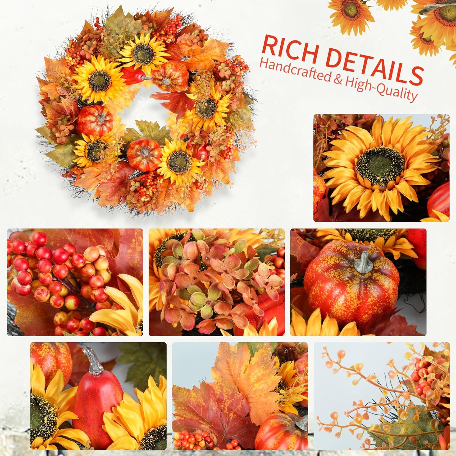 Fall Wreath with Pumpkins and Sunflowers 22 Inch Decor for Front Door