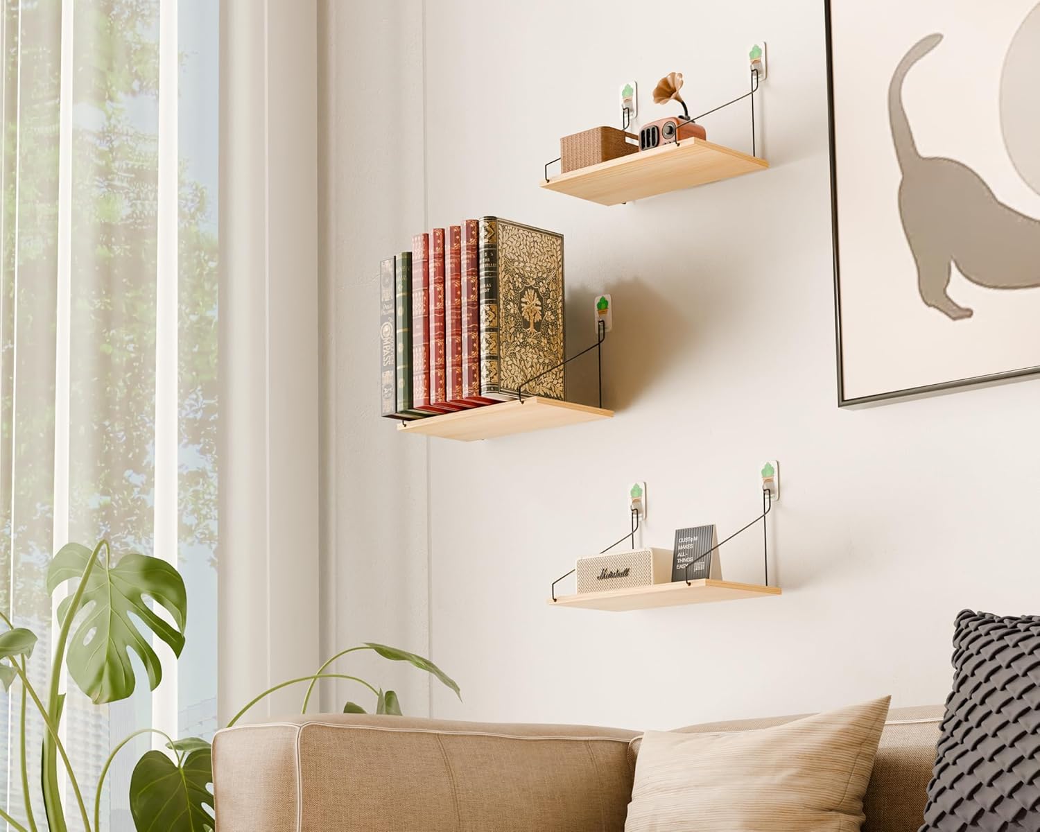 Rustic Wood Floating Shelves Set of 3 - Easy Install No Drill Needed