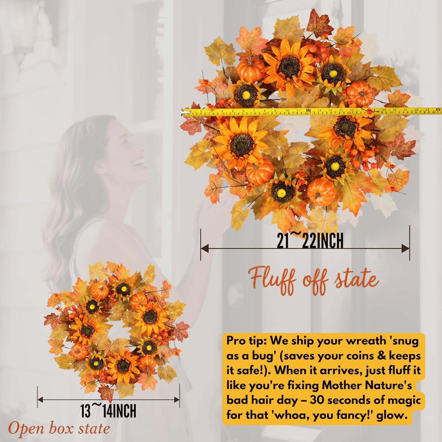 Zhemobang 22 Inch Fall Wreath with Sunflowers and Pumpkins