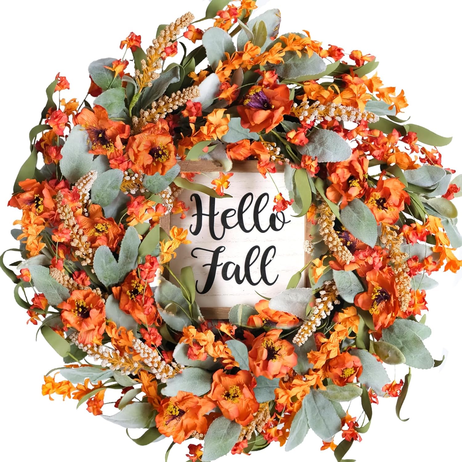 Bibelot Fall Wreaths 22 Inch Lambs Ears Leaves Yellow Flowers Hello Fall Sign Front Door Porch Farmhouse Decor