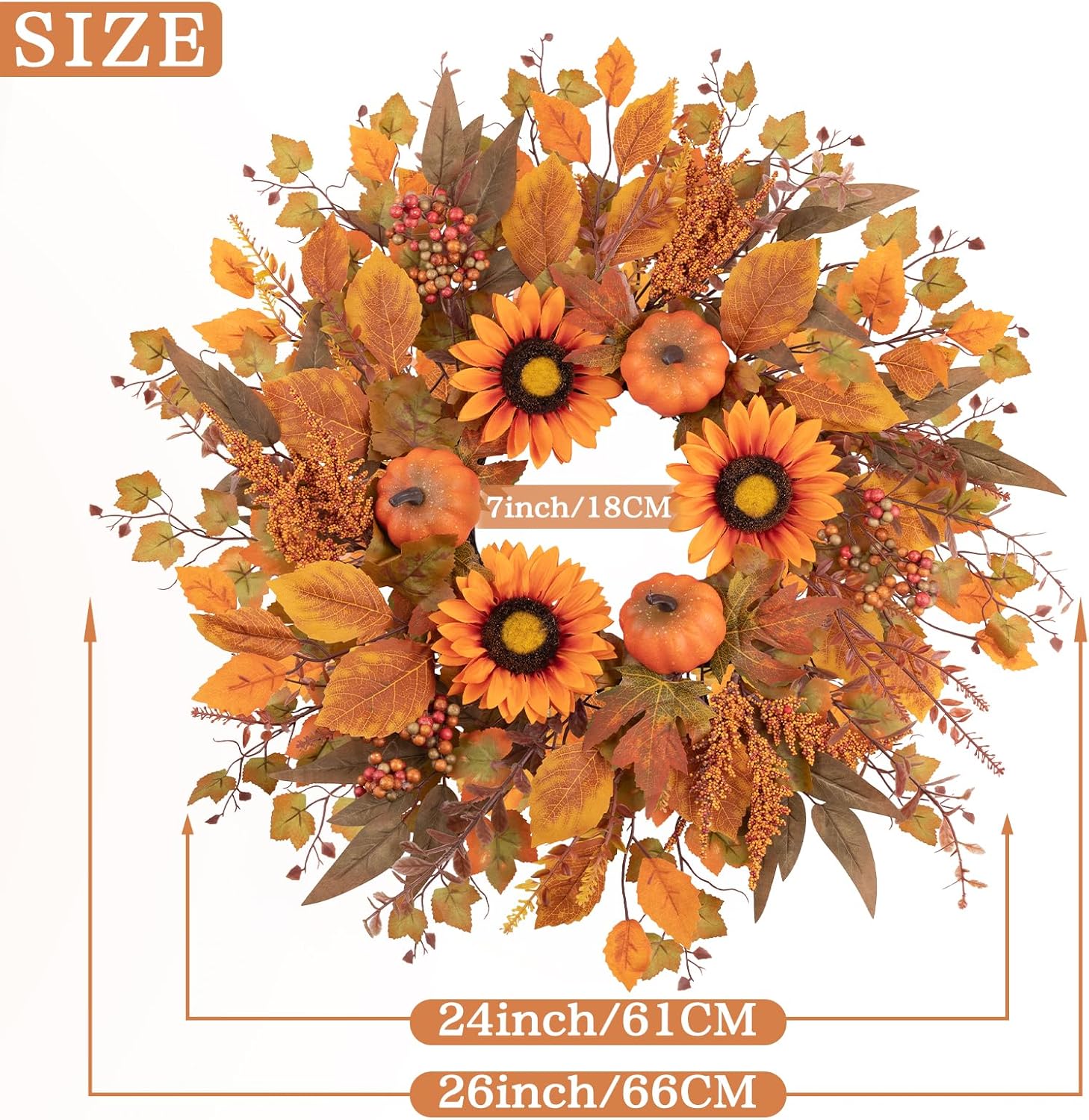 24 Inch Fall Wreath with Sunflowers and Pumpkins