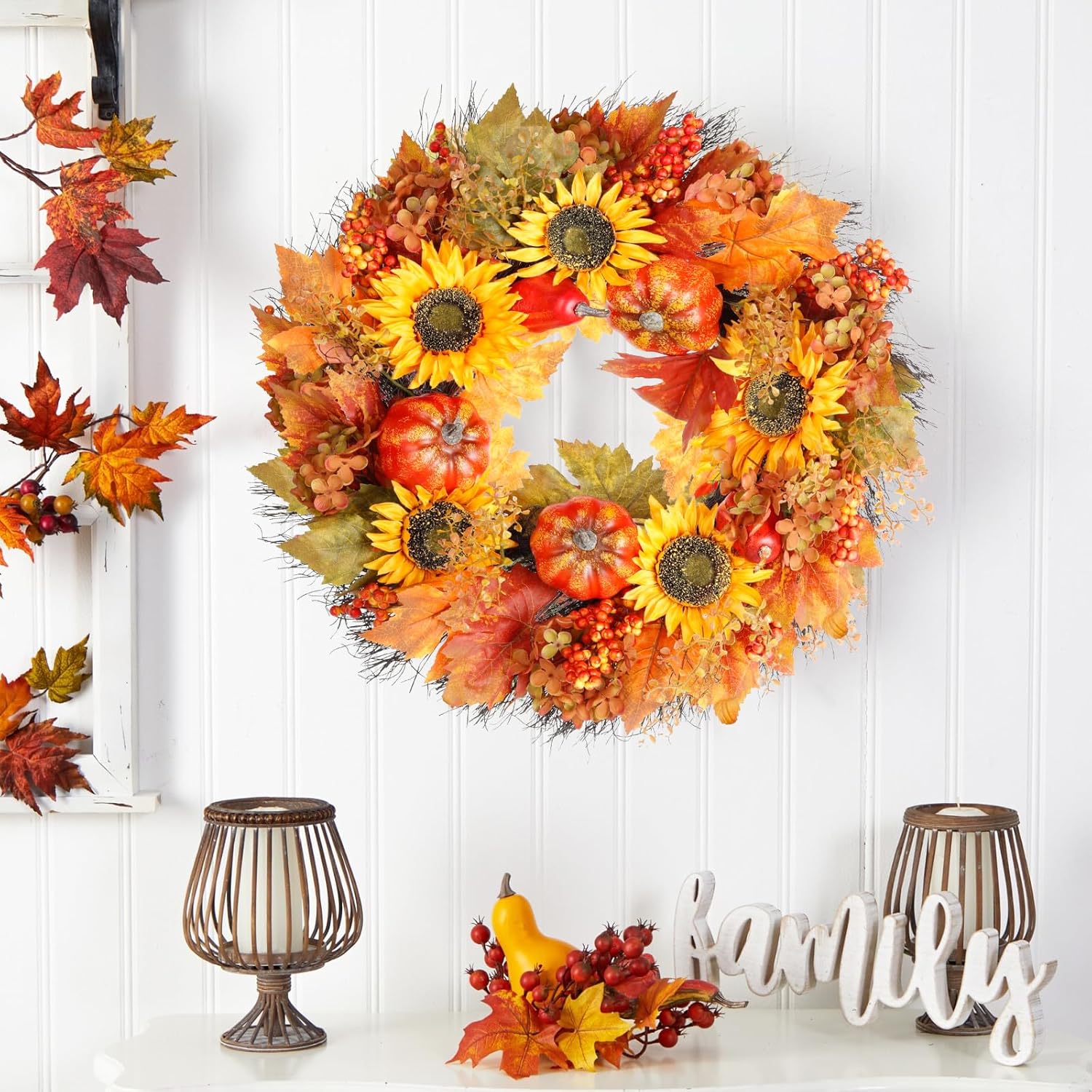 Fall Wreath with Pumpkins and Sunflowers 22 Inch Decor for Front Door