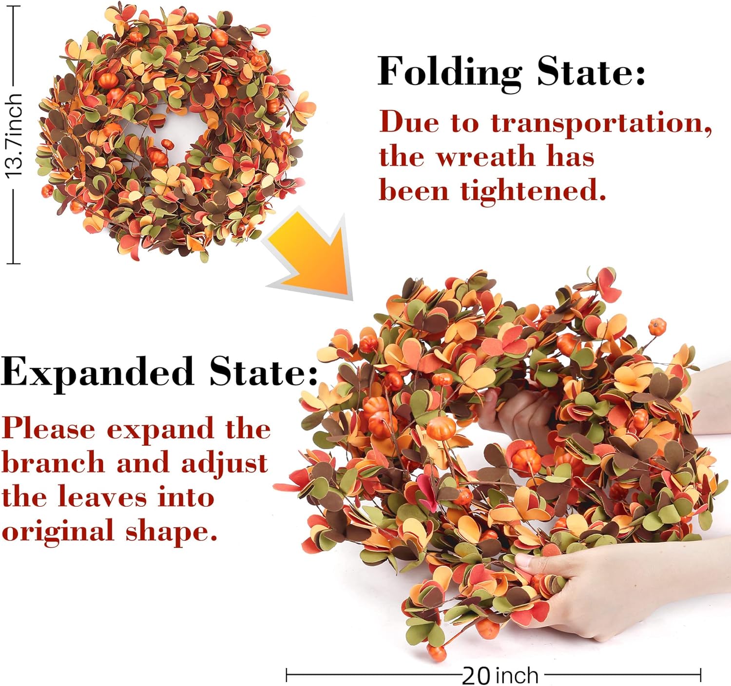 Sggvecsy 20 Inch Fall Wreath with Pumpkin and Leaves Orange