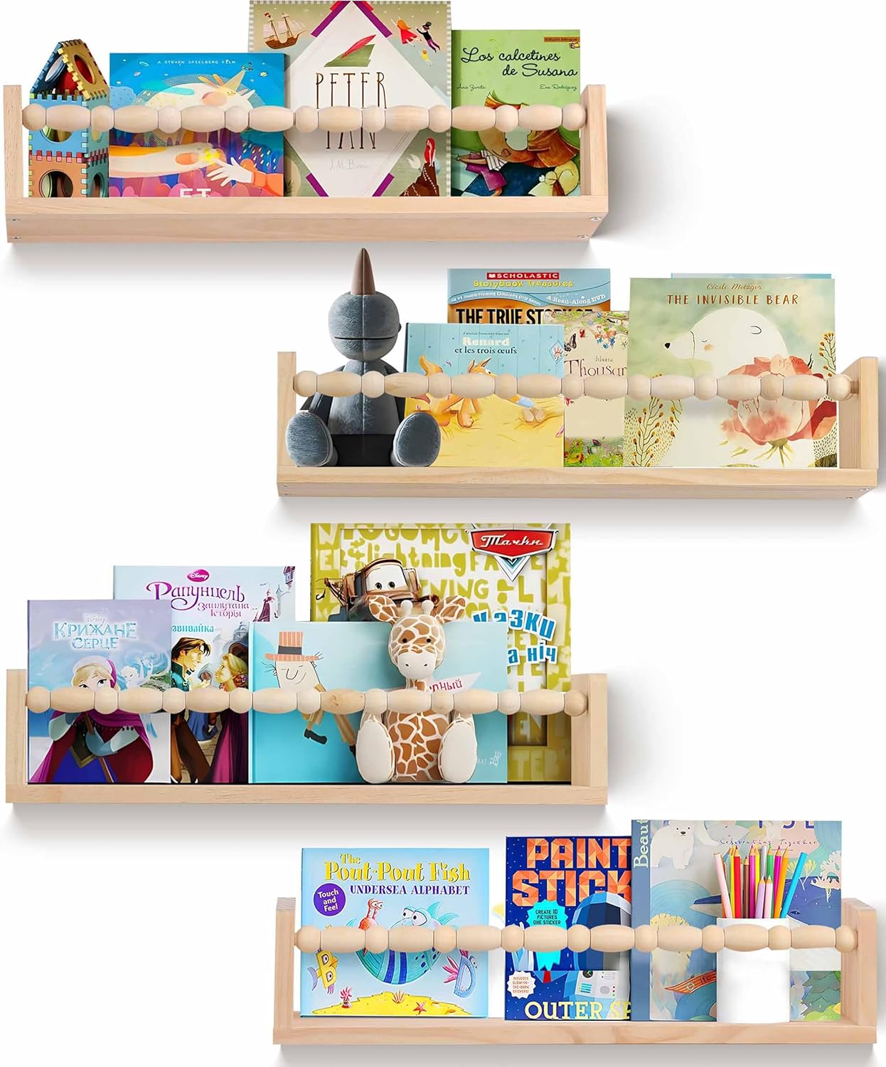 Nursery Book Shelves Set of 4 Natural Wood Floating Shelves for Wall