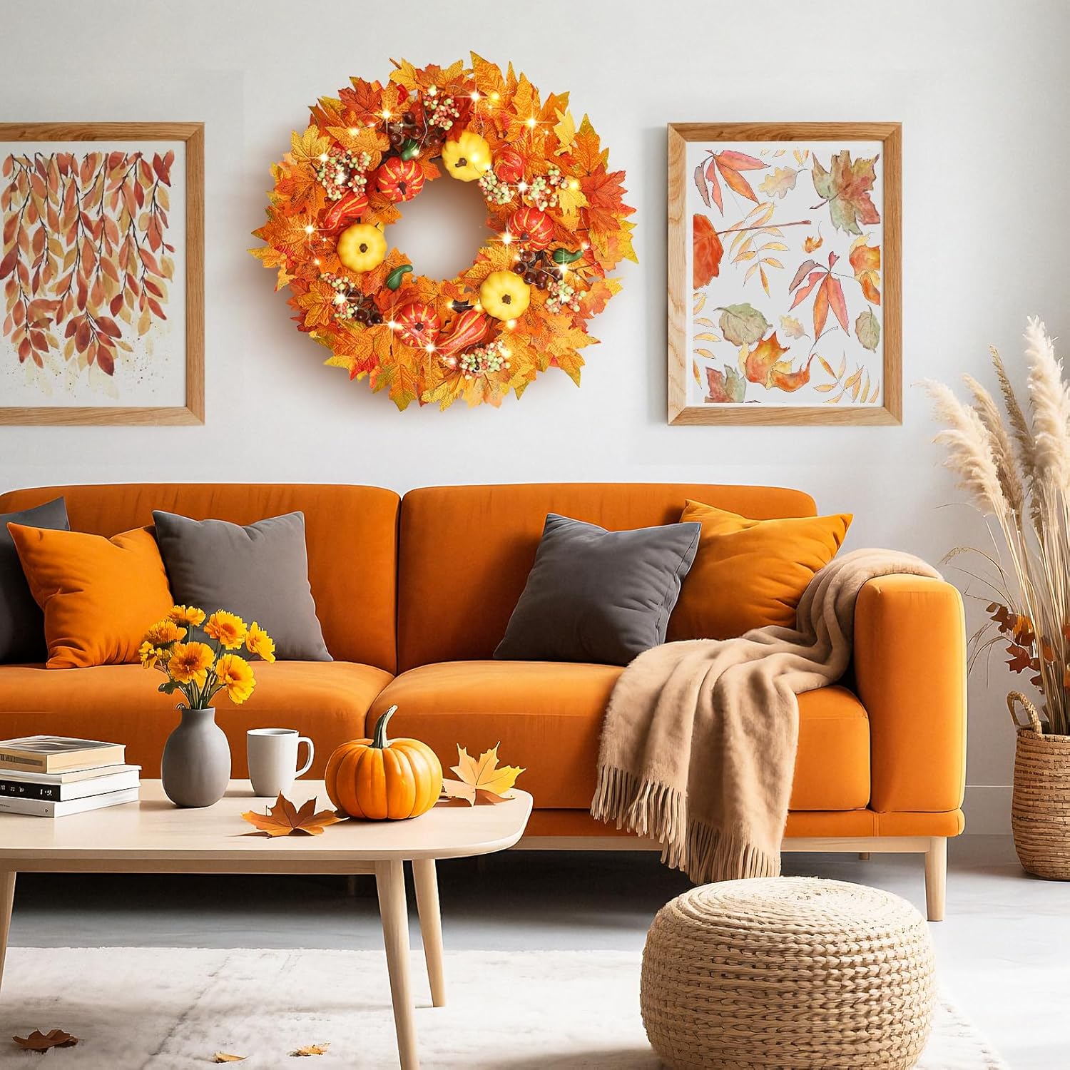 20 Inch Autumn Front Door Wreath with Lights