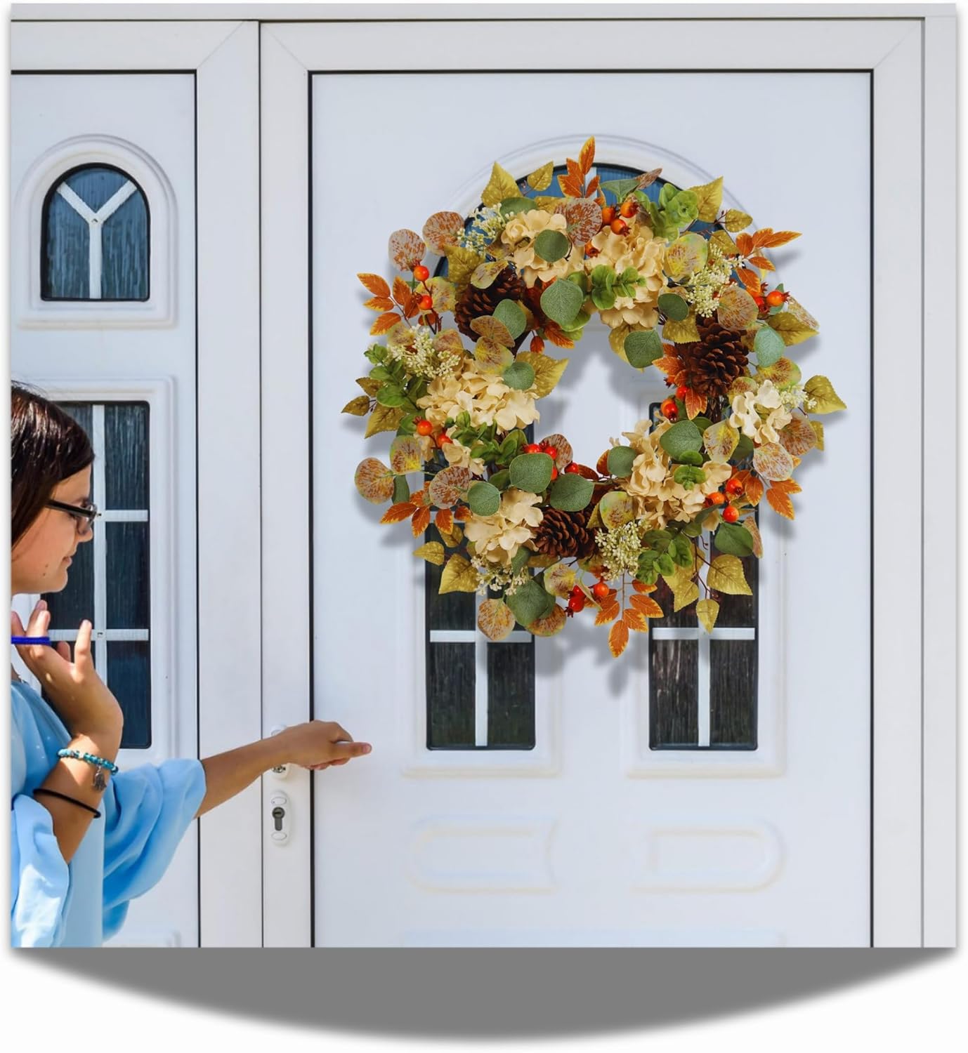 22 Inch Fall Hydrangea Wreath with Eucalyptus Pinecones Orange Berries