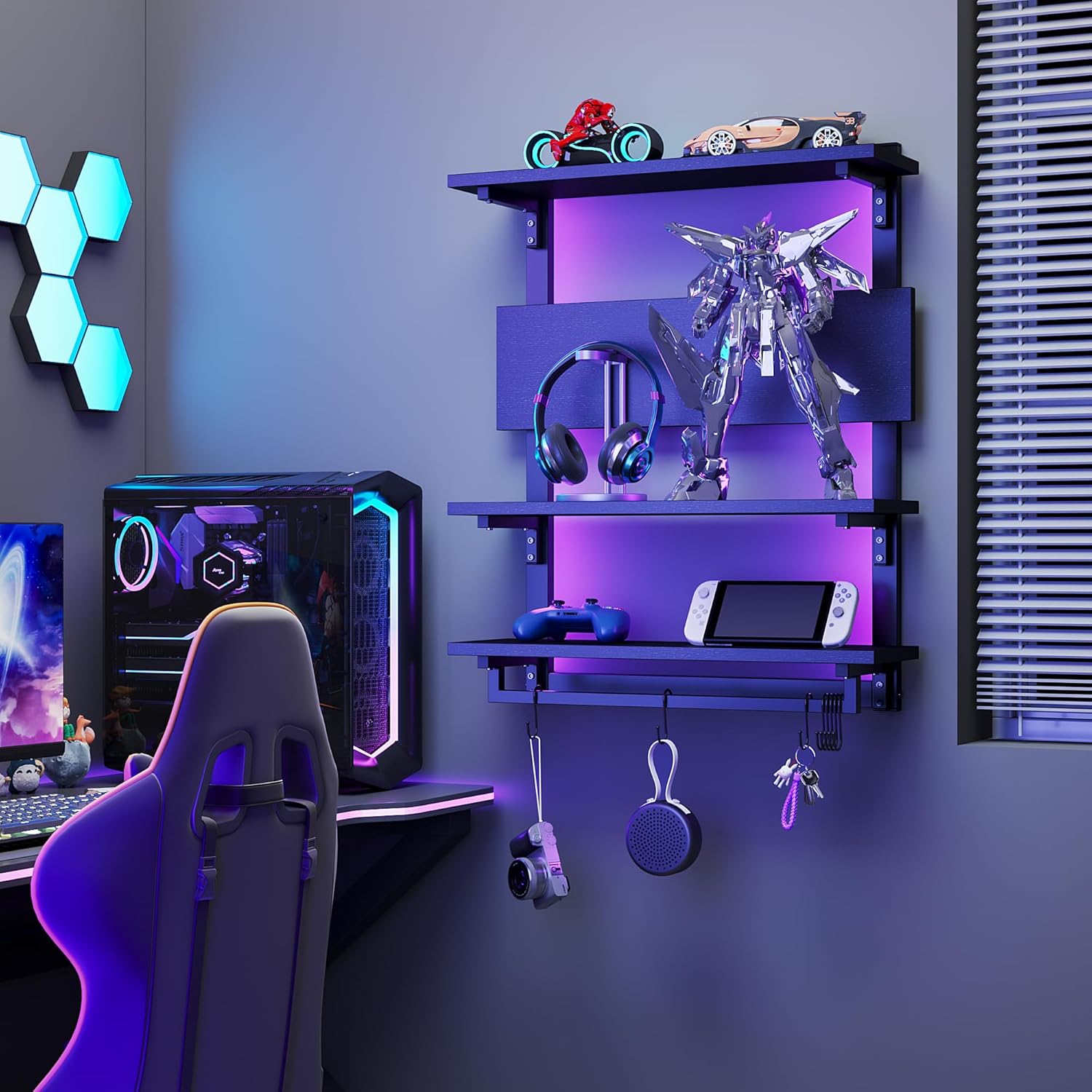 Spacesea Foldable Gaming Floating Shelf with LED Light and Hooks