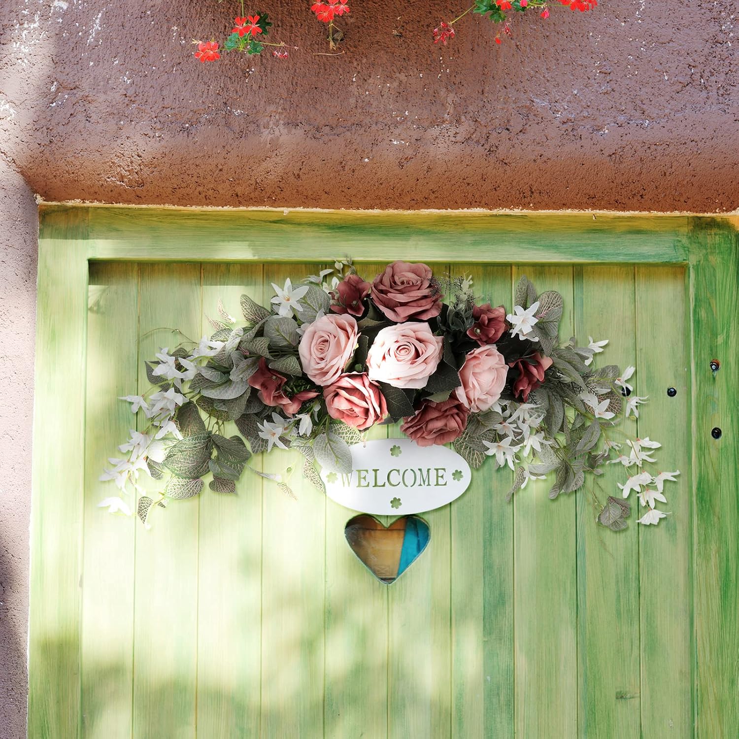Artificial Rose and Eucalyptus Front Door Wreath with Welcome Sign