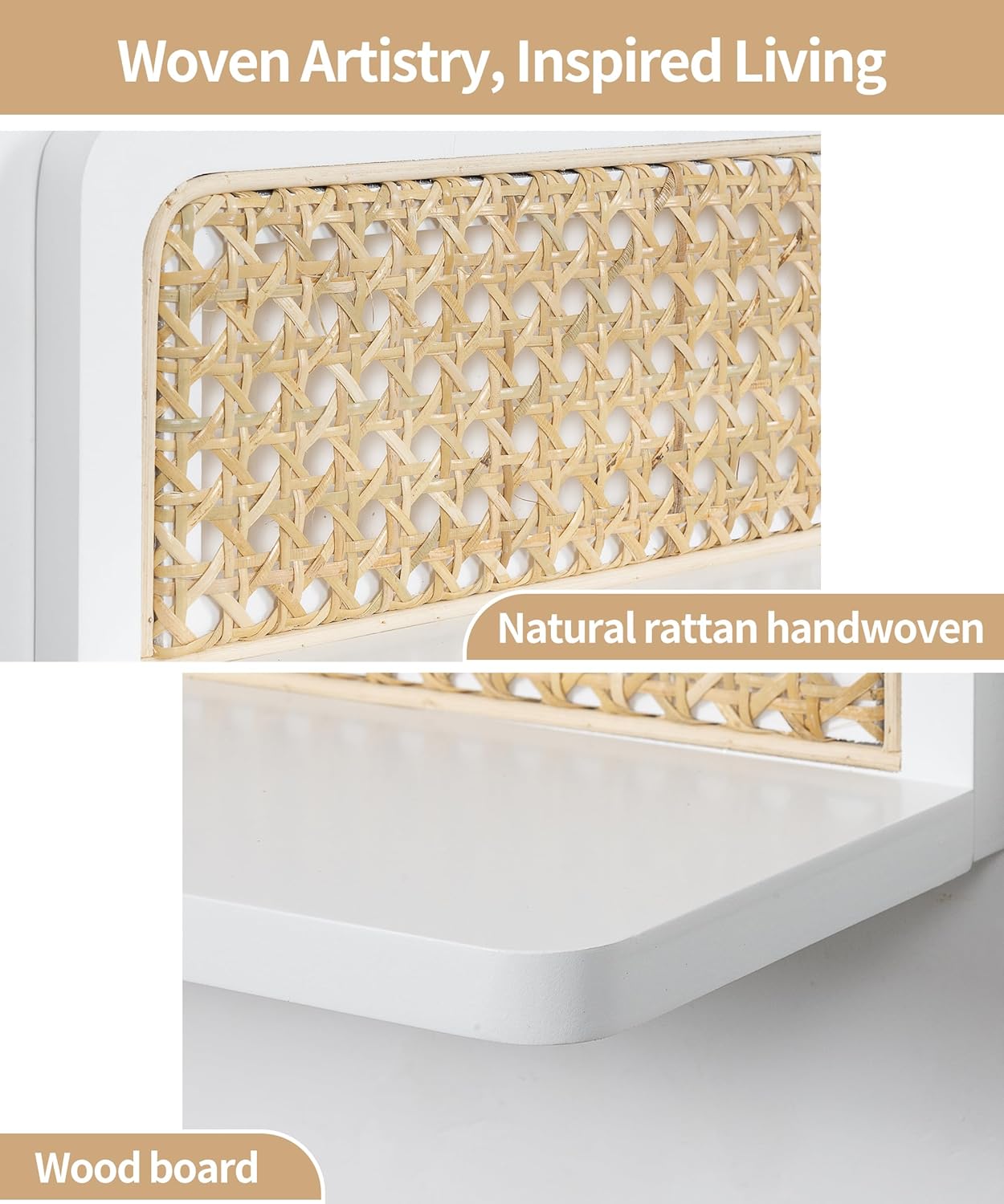 Mazjoaru Rattan Wall Shelf Set of 2 Handmade Floating Shelves for Living Room and Bedroom