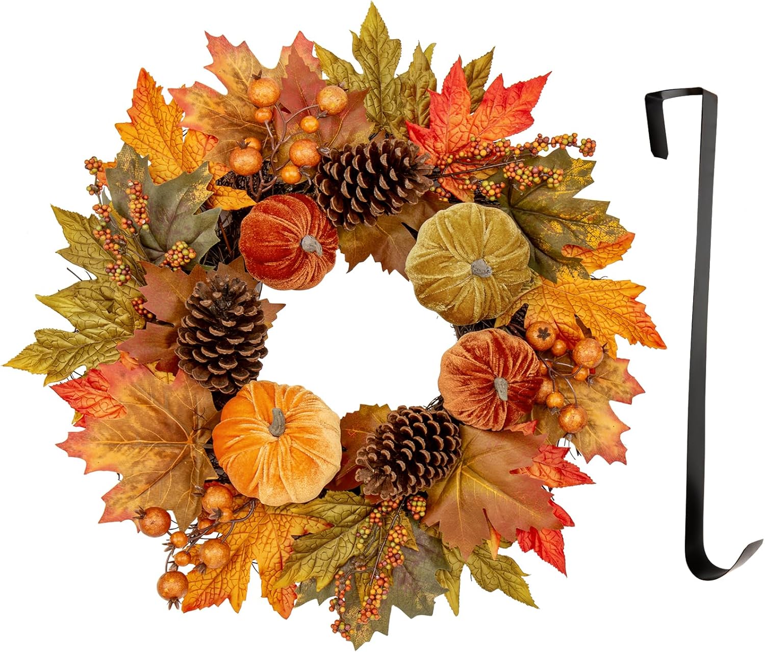 Gorgeous Fall Wreath with Velvet Pumpkins and Metal Hook