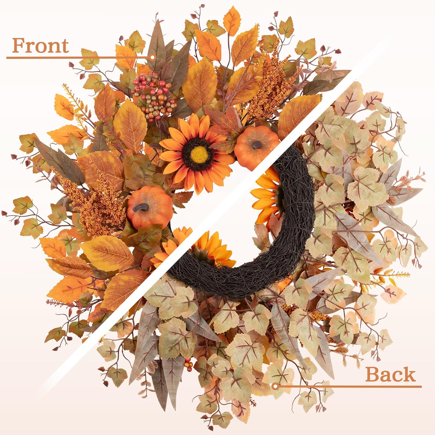 24 Inch Fall Wreath with Sunflowers and Pumpkins