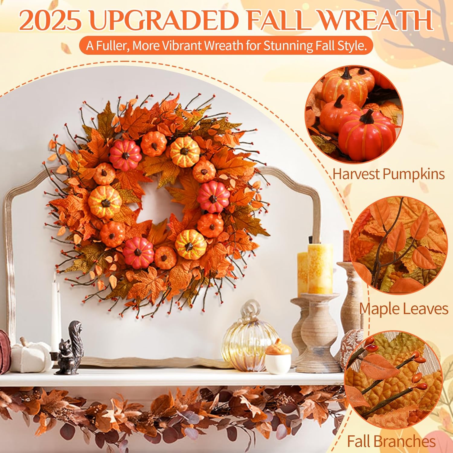 Fall Wreath for Front Door with Pumpkins Leaves 20 Inch Autumn Decor