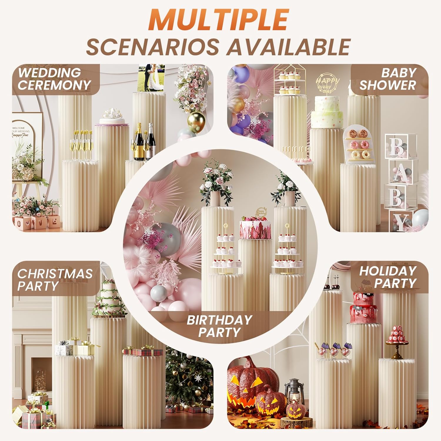 HeiMma 5 Pack White Cylinder Pedestal Stands for Party Displays