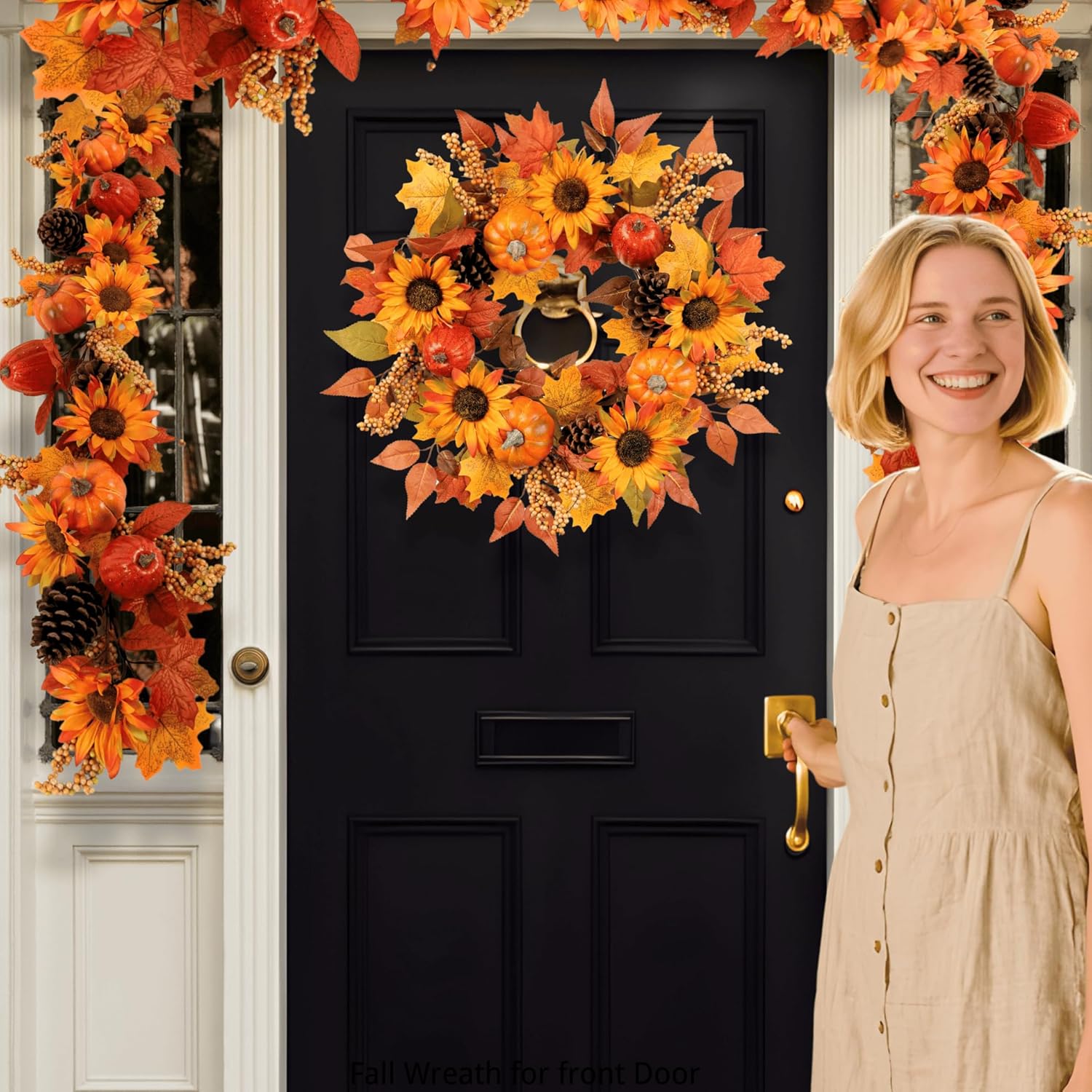 Pudate 22 Inch Fall Wreath with Sunflowers Pumpkins Pinecones Berries