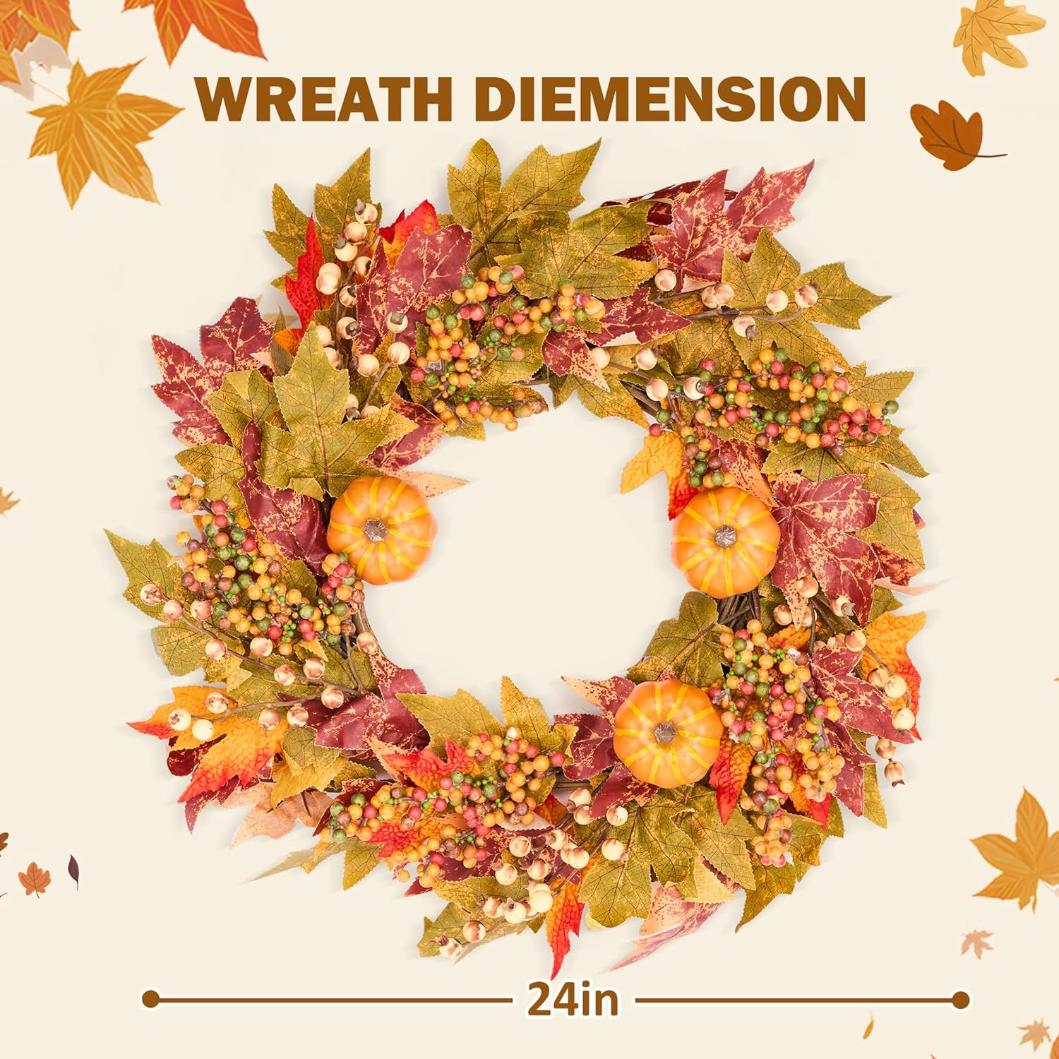 GENMOUS Fall Door Wreath with Pumpkins and Maple Leaves