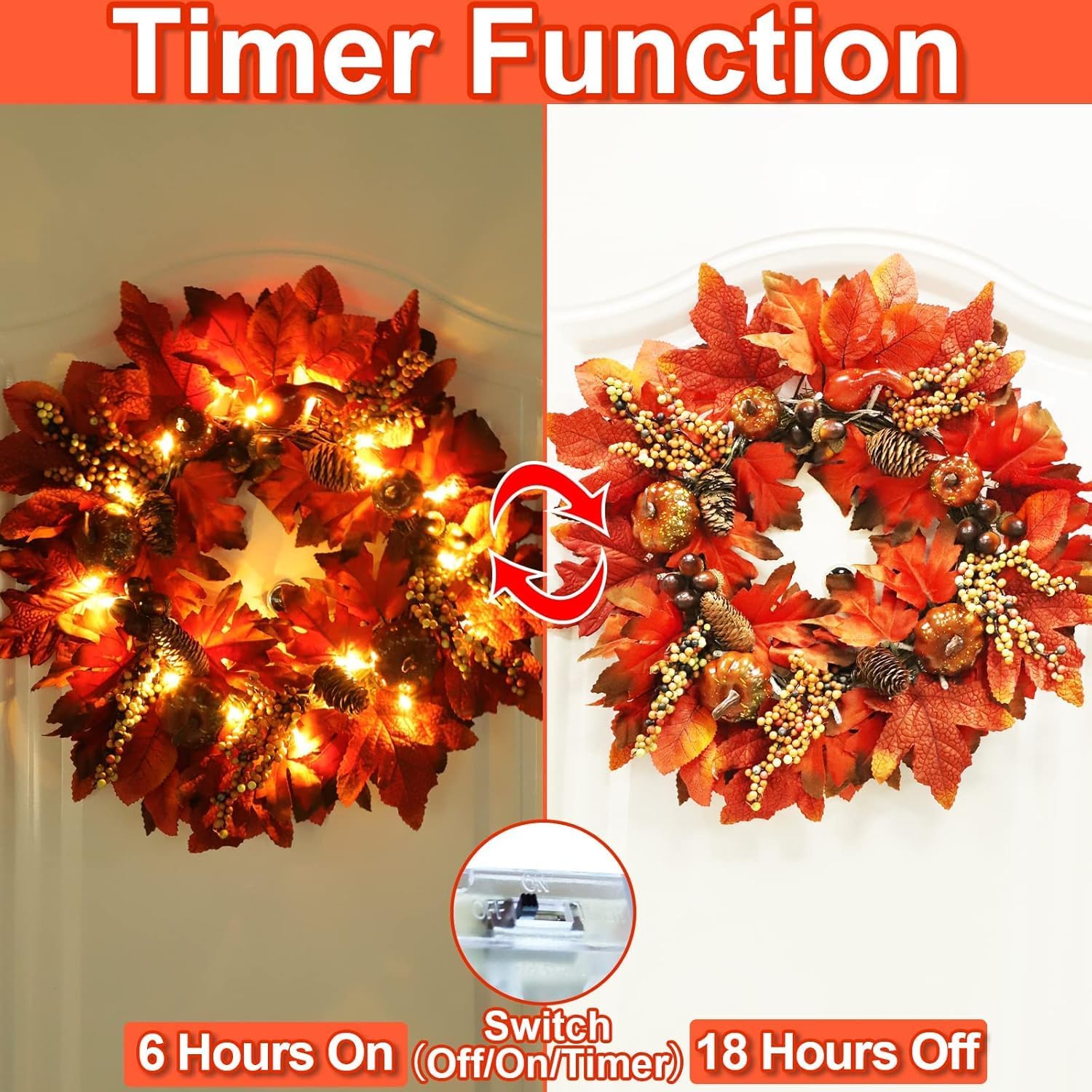 18 Inch Thick Fall Wreath with 20 LED Lights