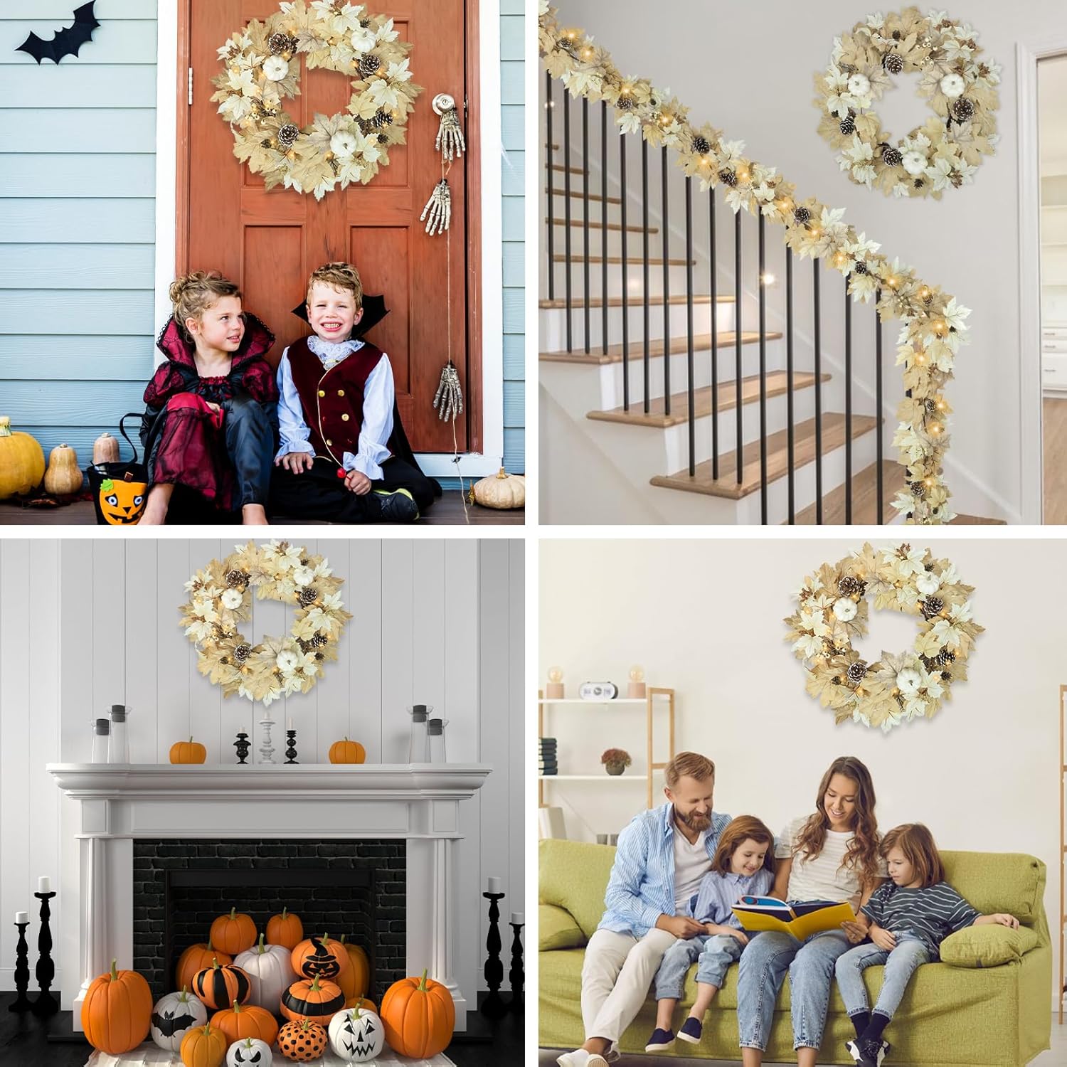 22 Inch Fall Wreath with LED Lights for Front Door