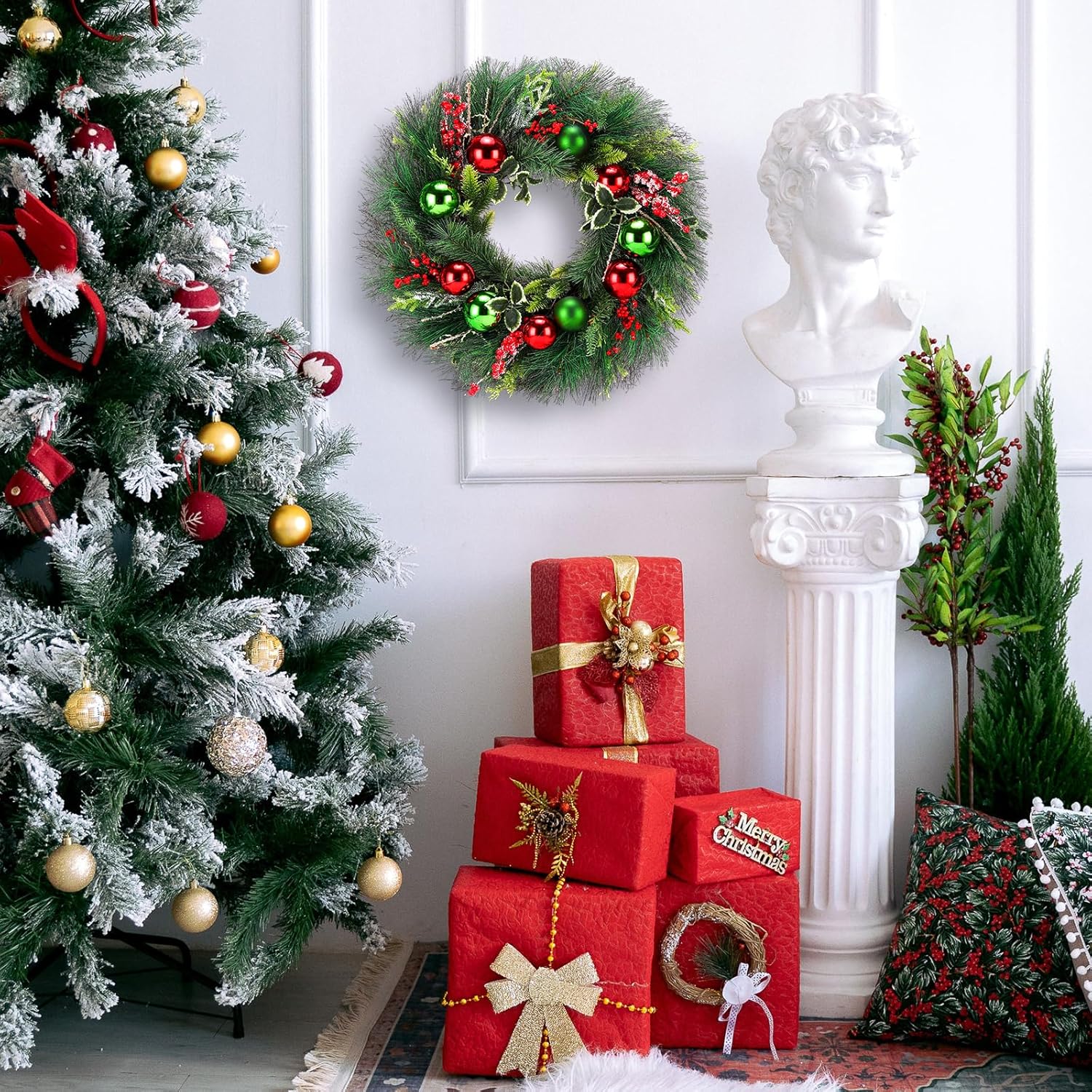 Christmas Wreath 24 Inch Artificial Green and Red Wreath with Hanger