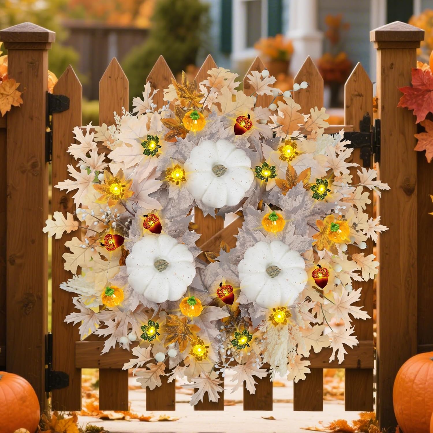 26 Inch Fall Wreath with Lights for Front Door