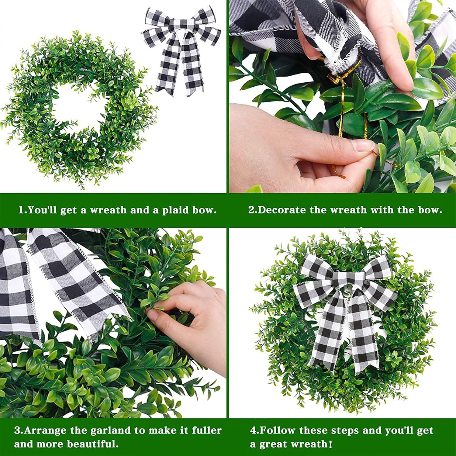 Belupai 157in Black White Plaid Bow Garland Wreath