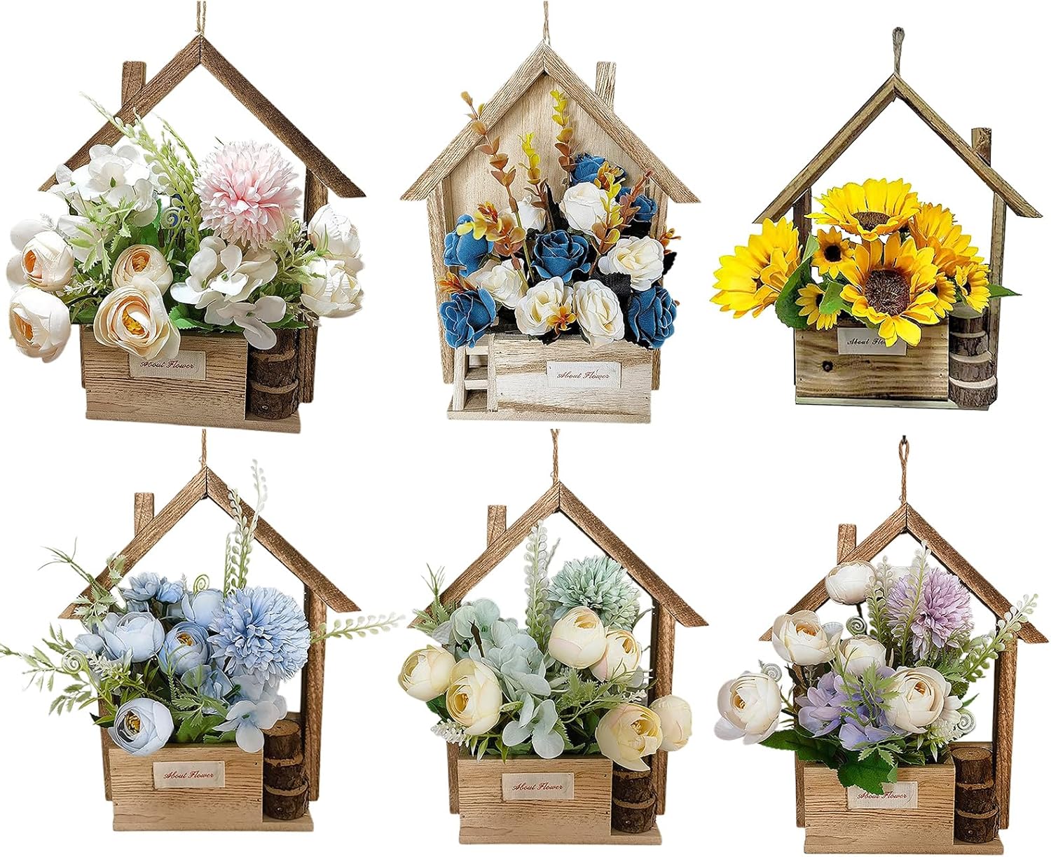 Wooden Door Wreath with Silk Flowers and Grass Rope