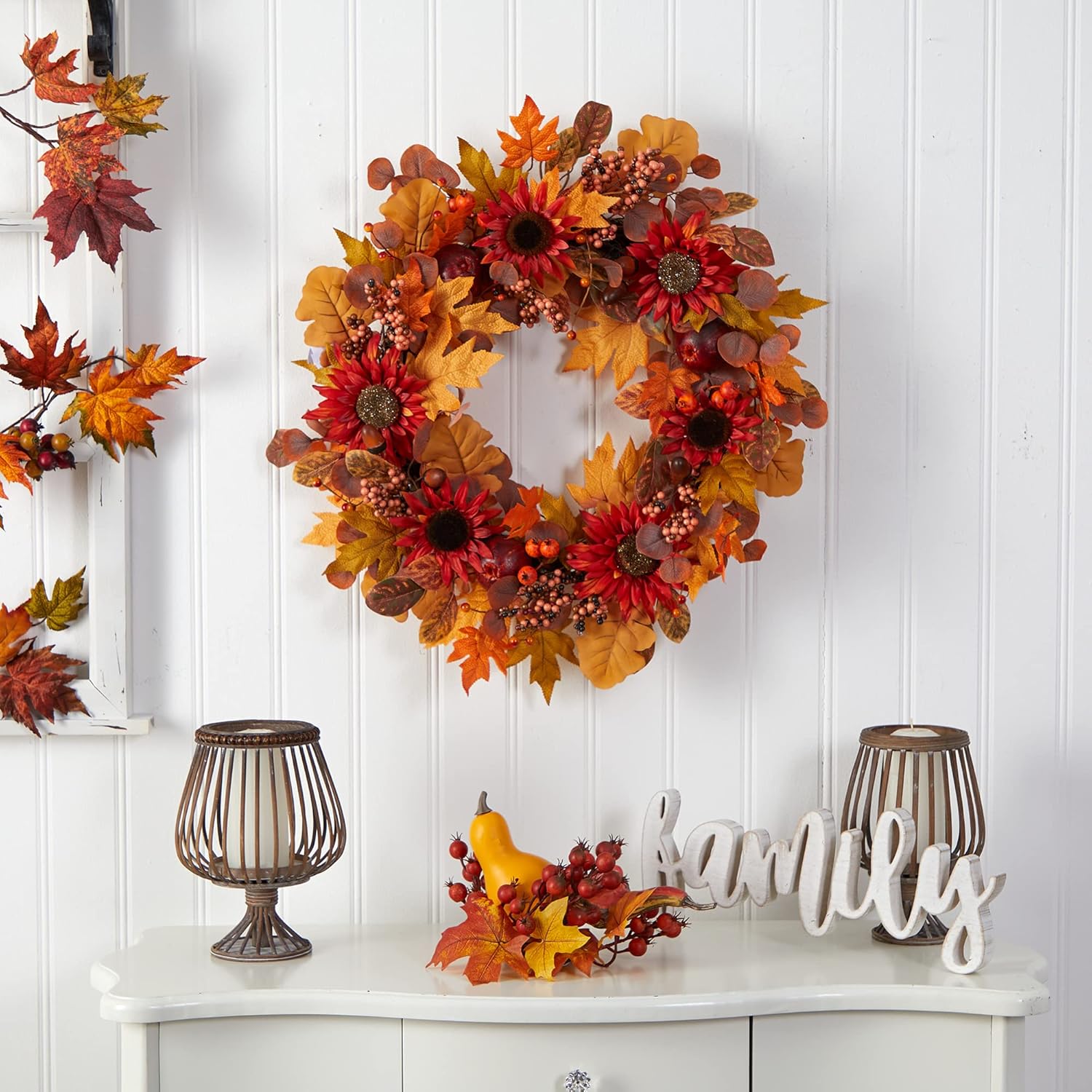 Nearly Natural 30in Fall Wreath with Acorns Sunflowers Berries