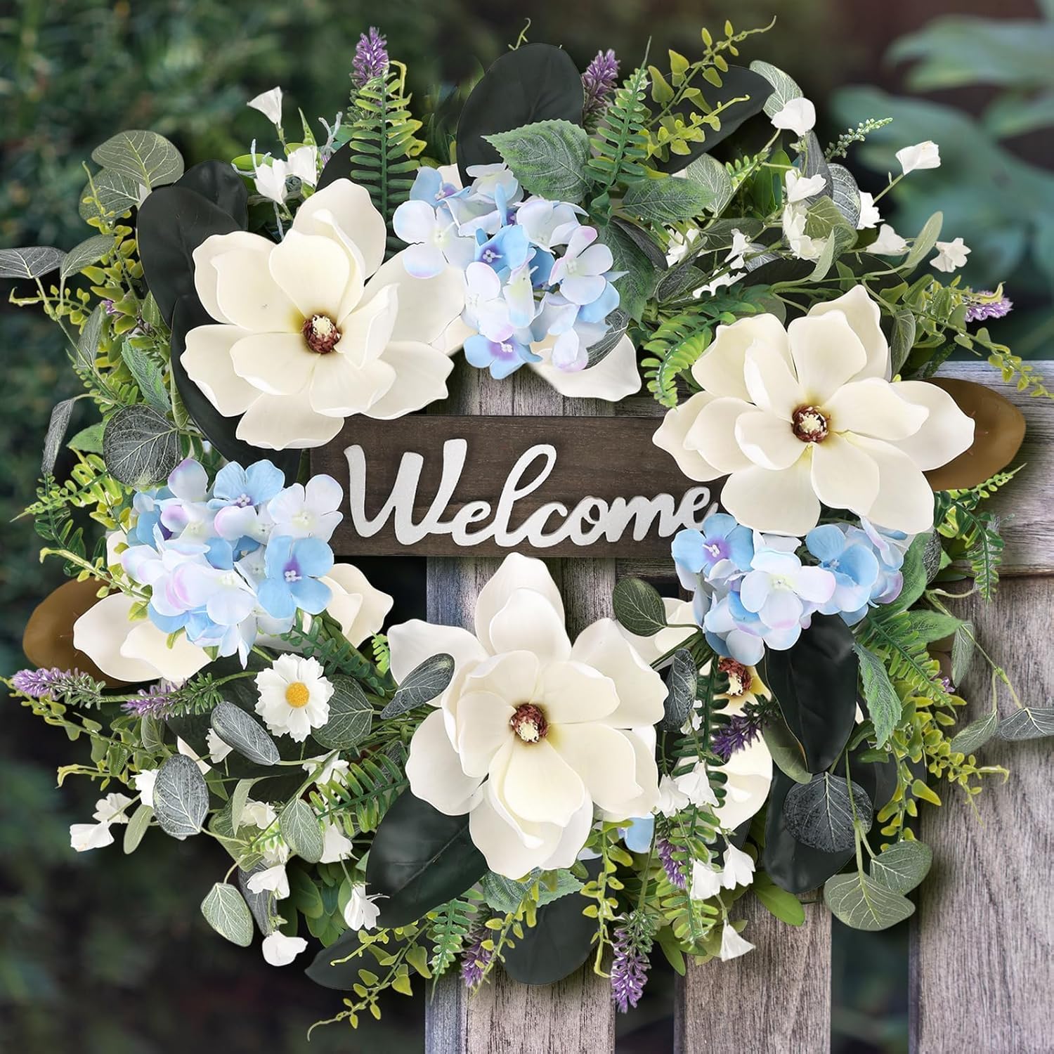 24 Inch Artificial White Magnolia Wreath for Front Door