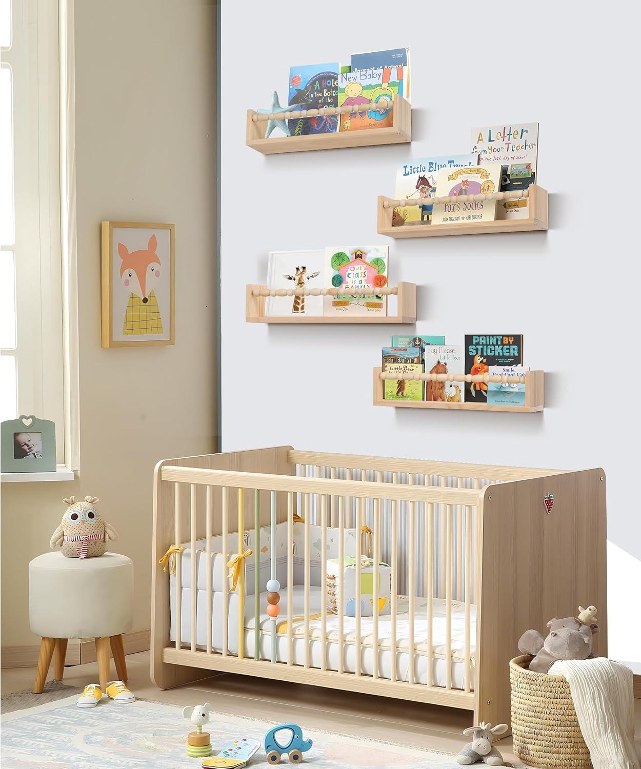 Nursery Book Shelves Set of 4 Natural Wood Floating Shelves for Wall