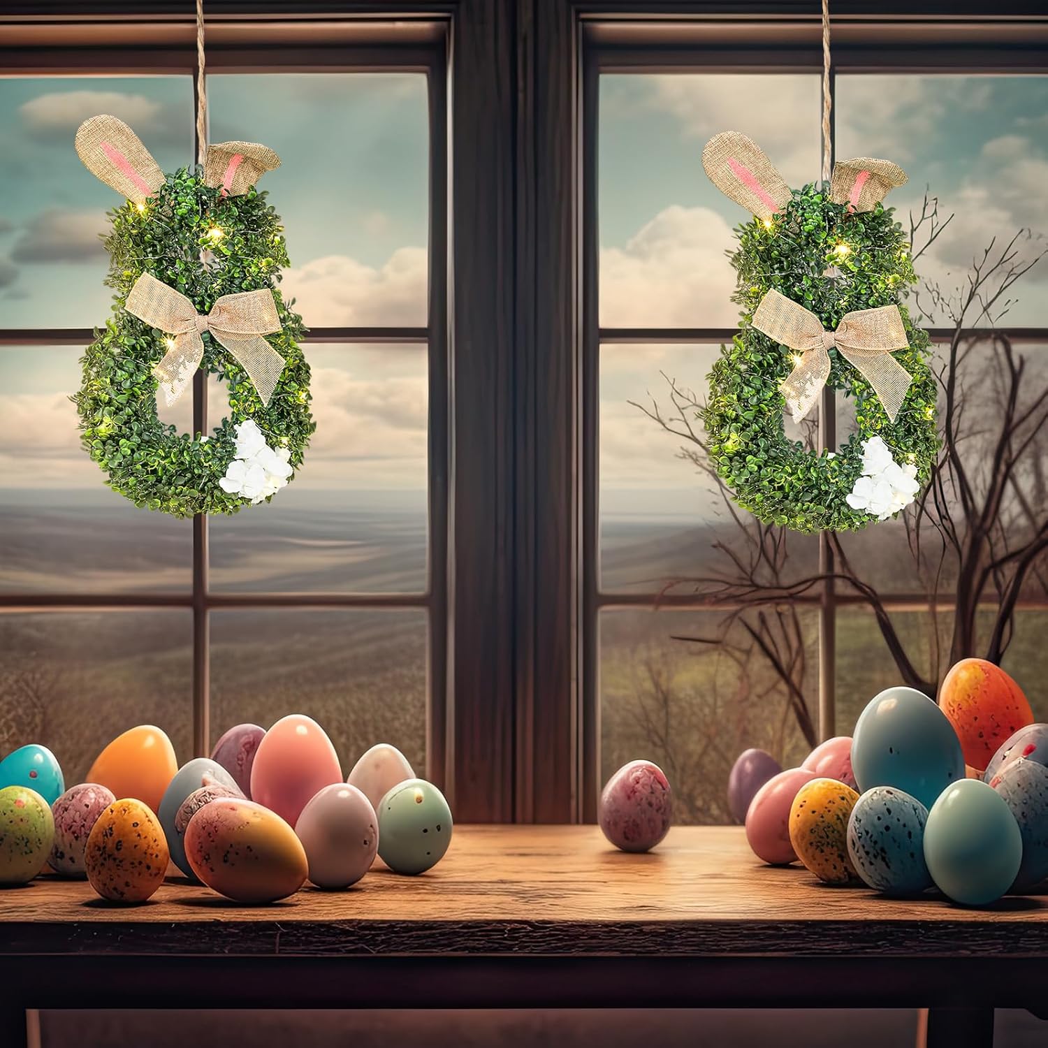 2 Pcs 165 Inch LED Easter Bunny Wreath for Front Door