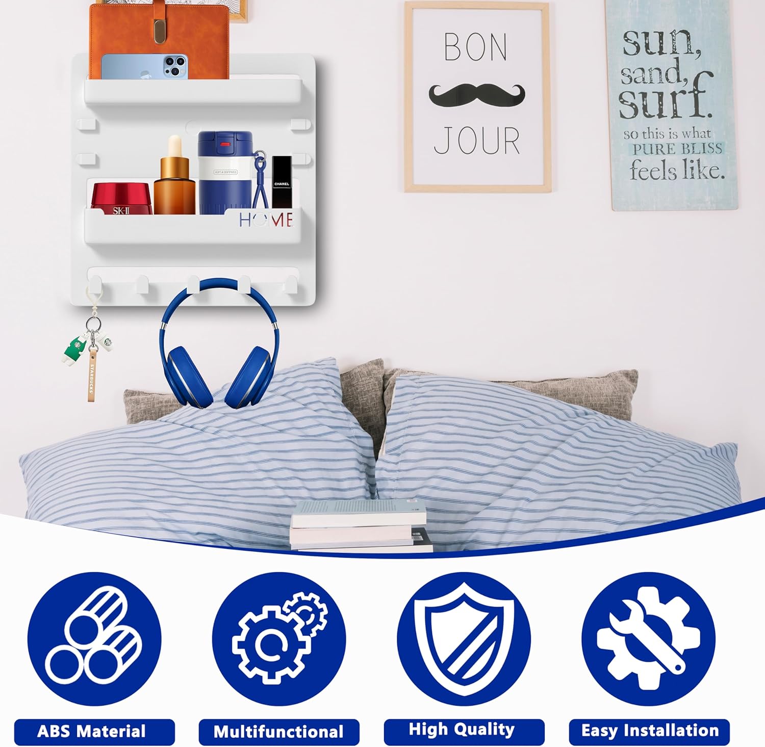 Epritliber Floating Bedside Shelf Organizer - 5 Hooks and Cable Clips - 9x94 Inch - White