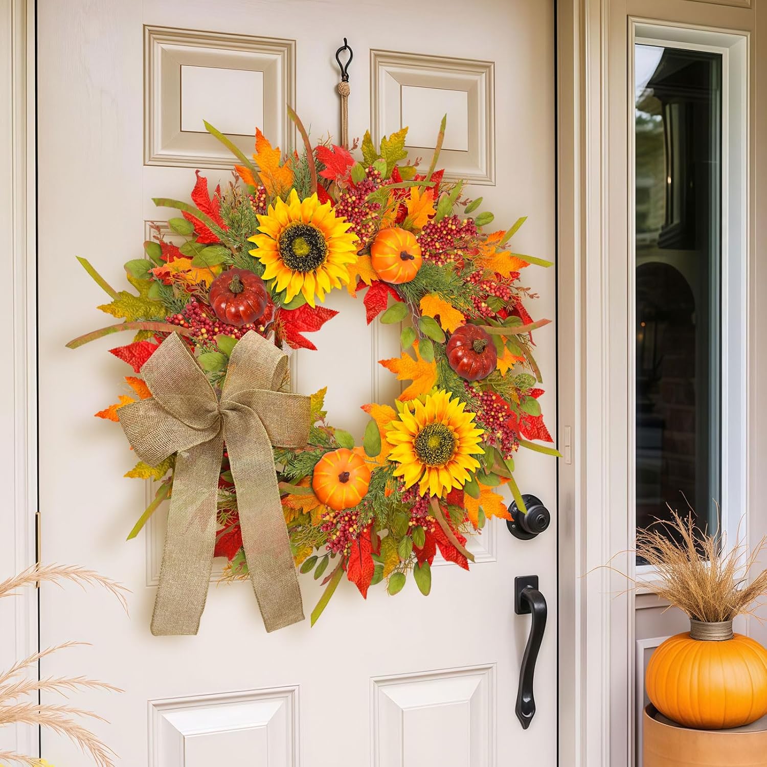 24-26 Inch Fall Wreath with Sunflowers Pumpkins Bows and Berries