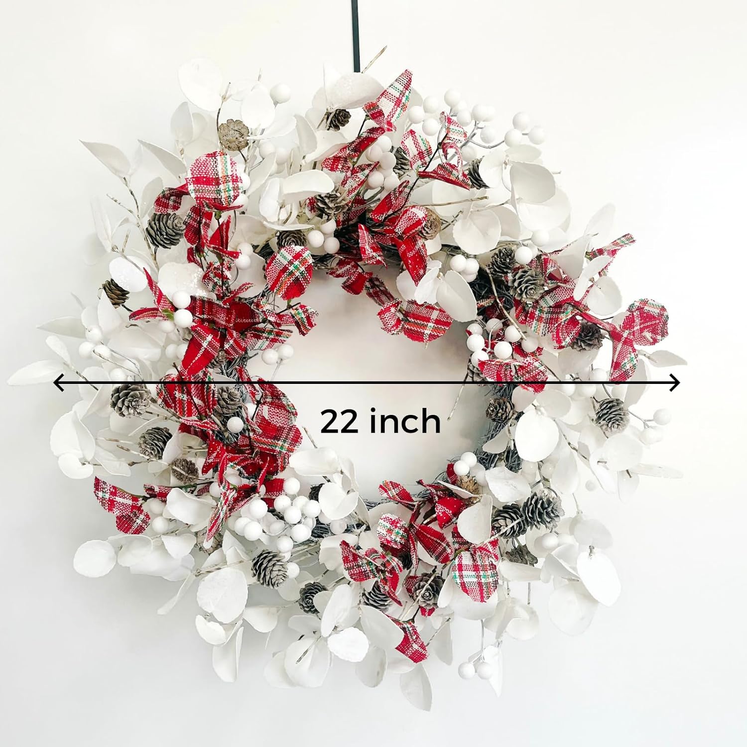 20 Inch White Eucalyptus Wreath with Red Plaid Leaves for Christmas and Winter Decor