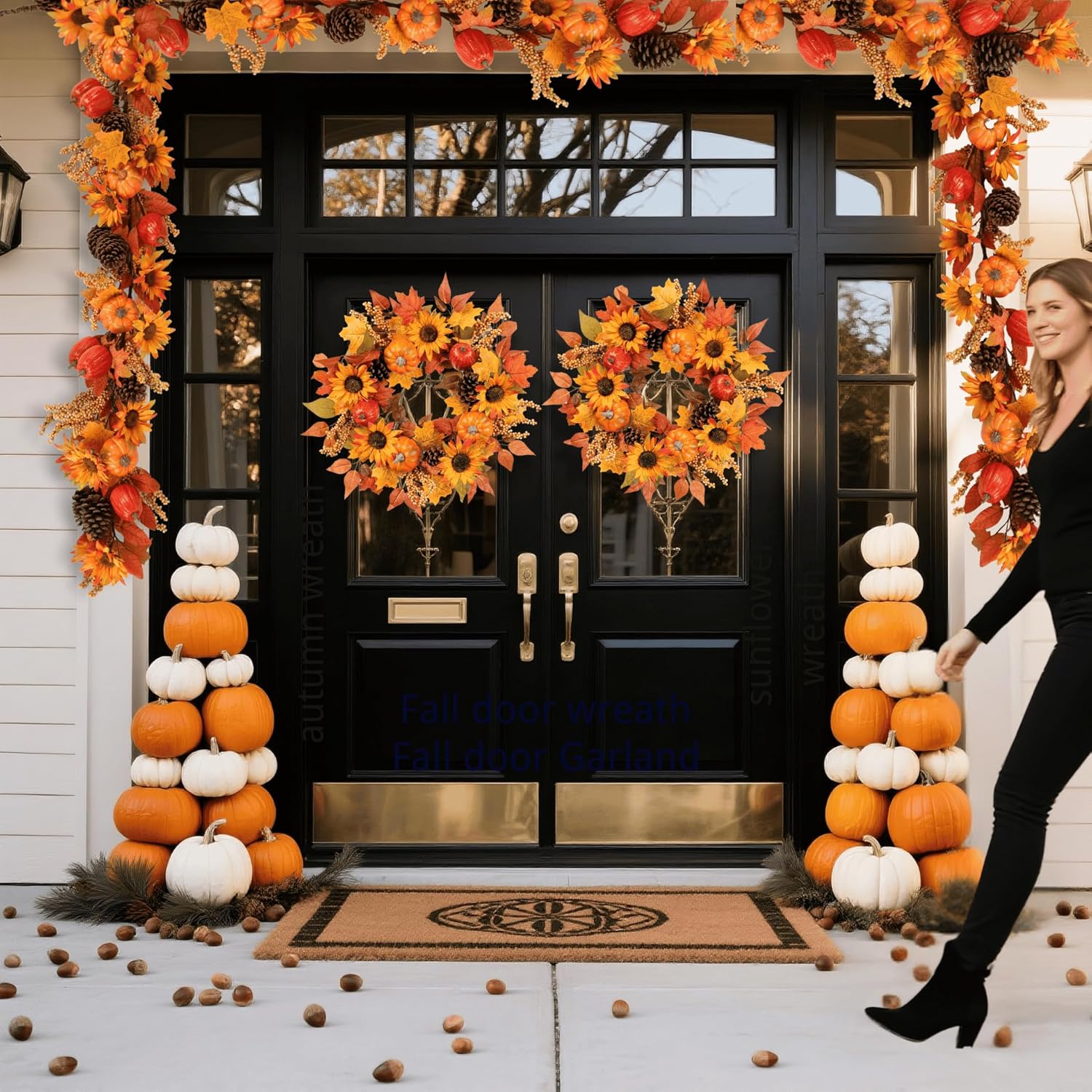 Pudate 22 Inch Fall Wreath with Sunflowers Pumpkins Pinecones Berries