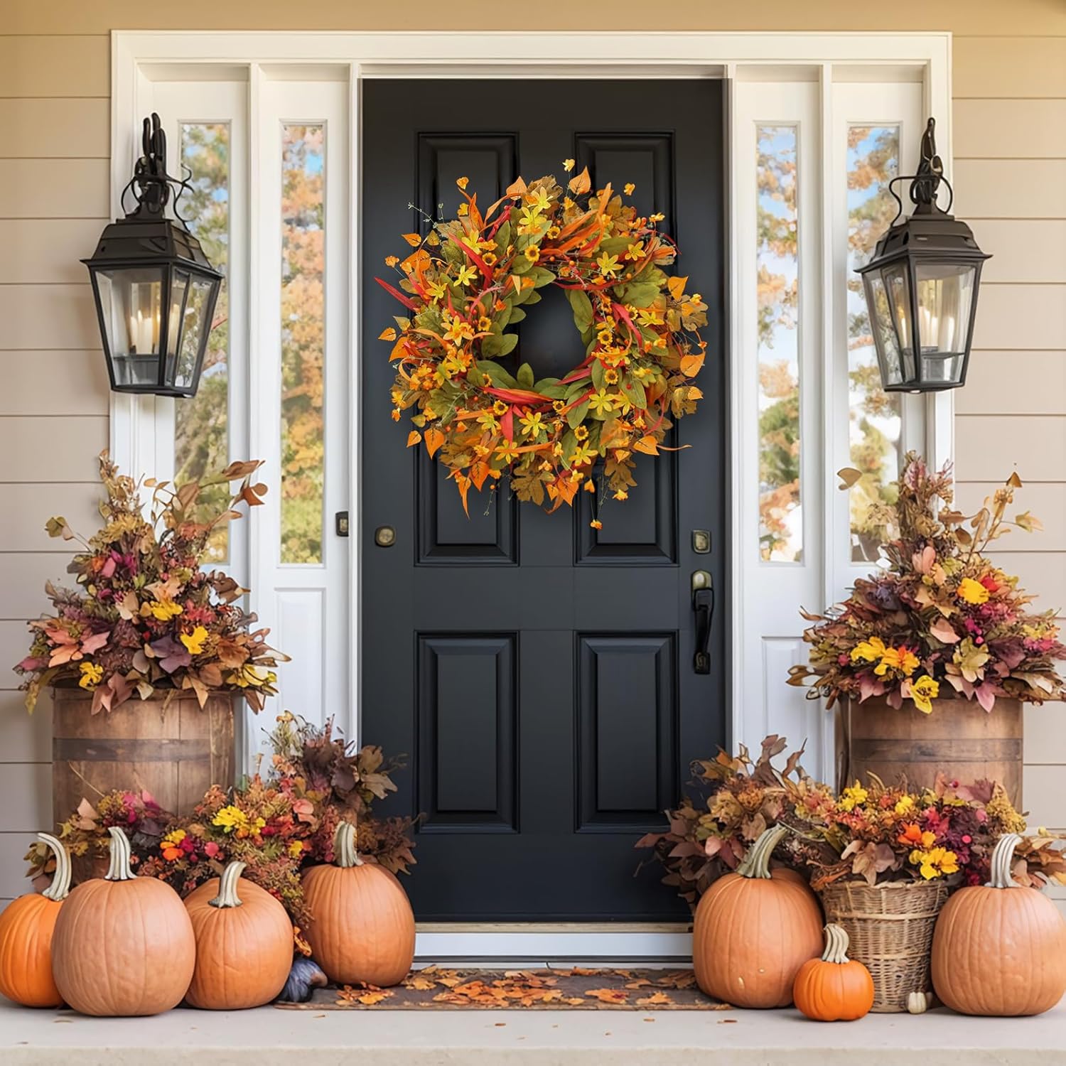 24 Inch Fall Wreath Front Door Decor with Berries and Leaves